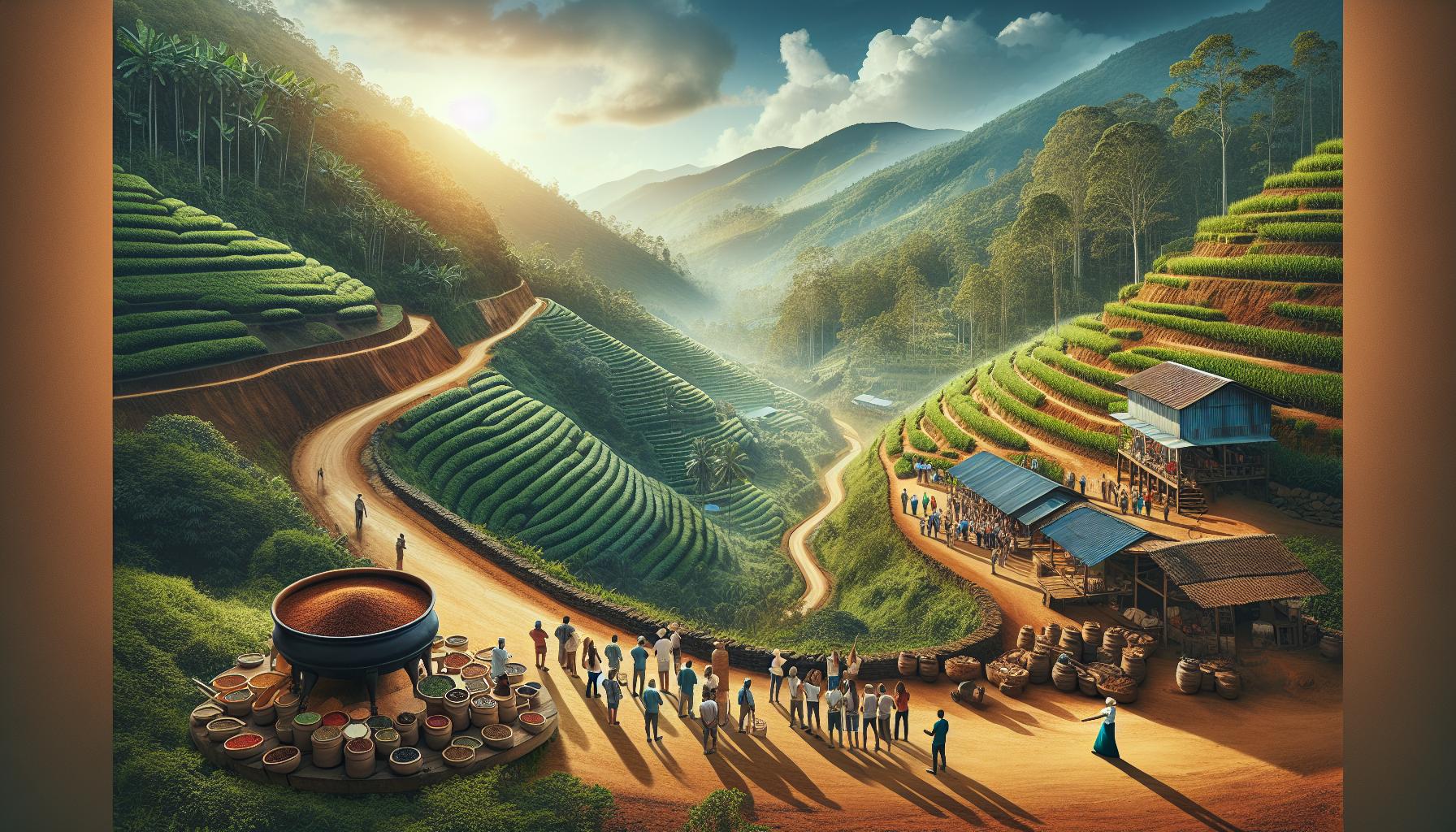Mountainous Landscape with Tea Fields and Local Market Scene