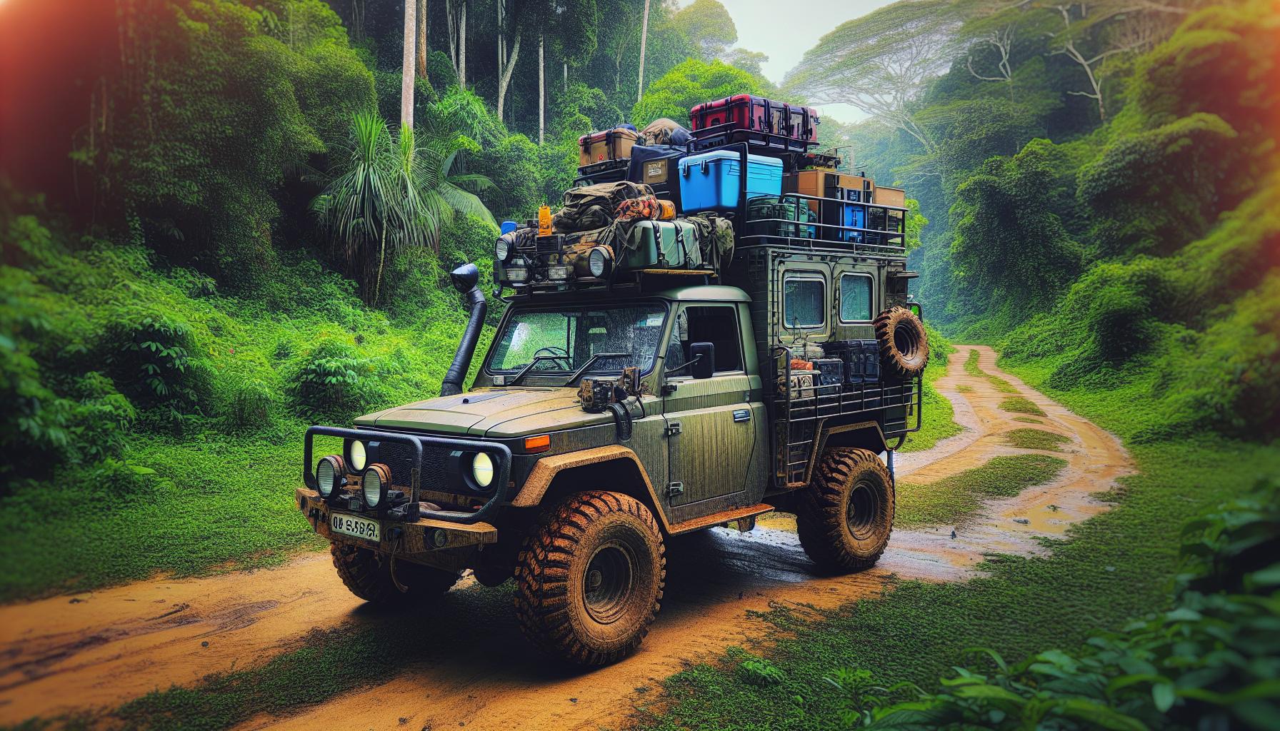 Off-road vehicle loaded with gear on a jungle road