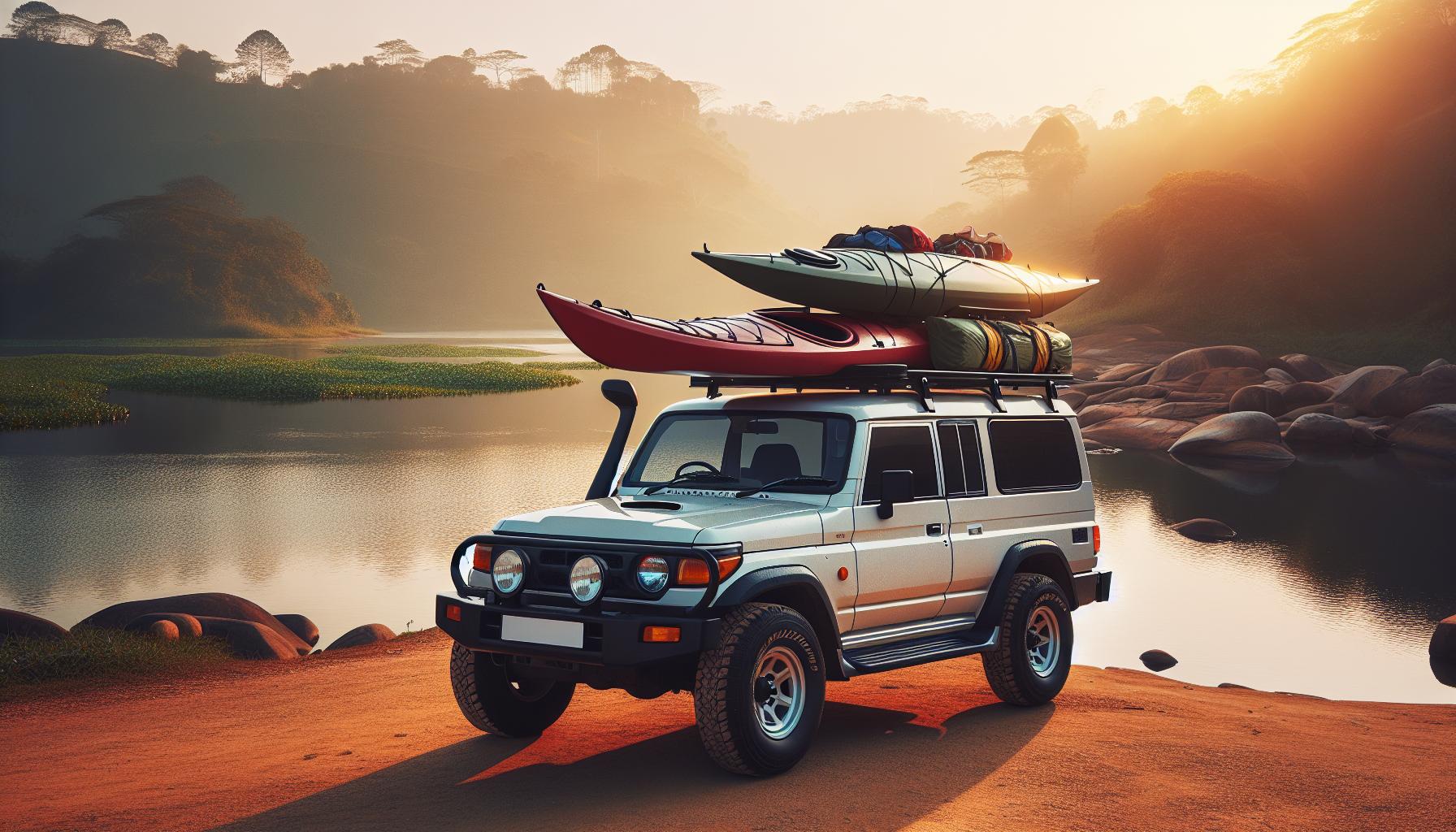 Off-road vehicle with kayaks at sunrise by a riverbank