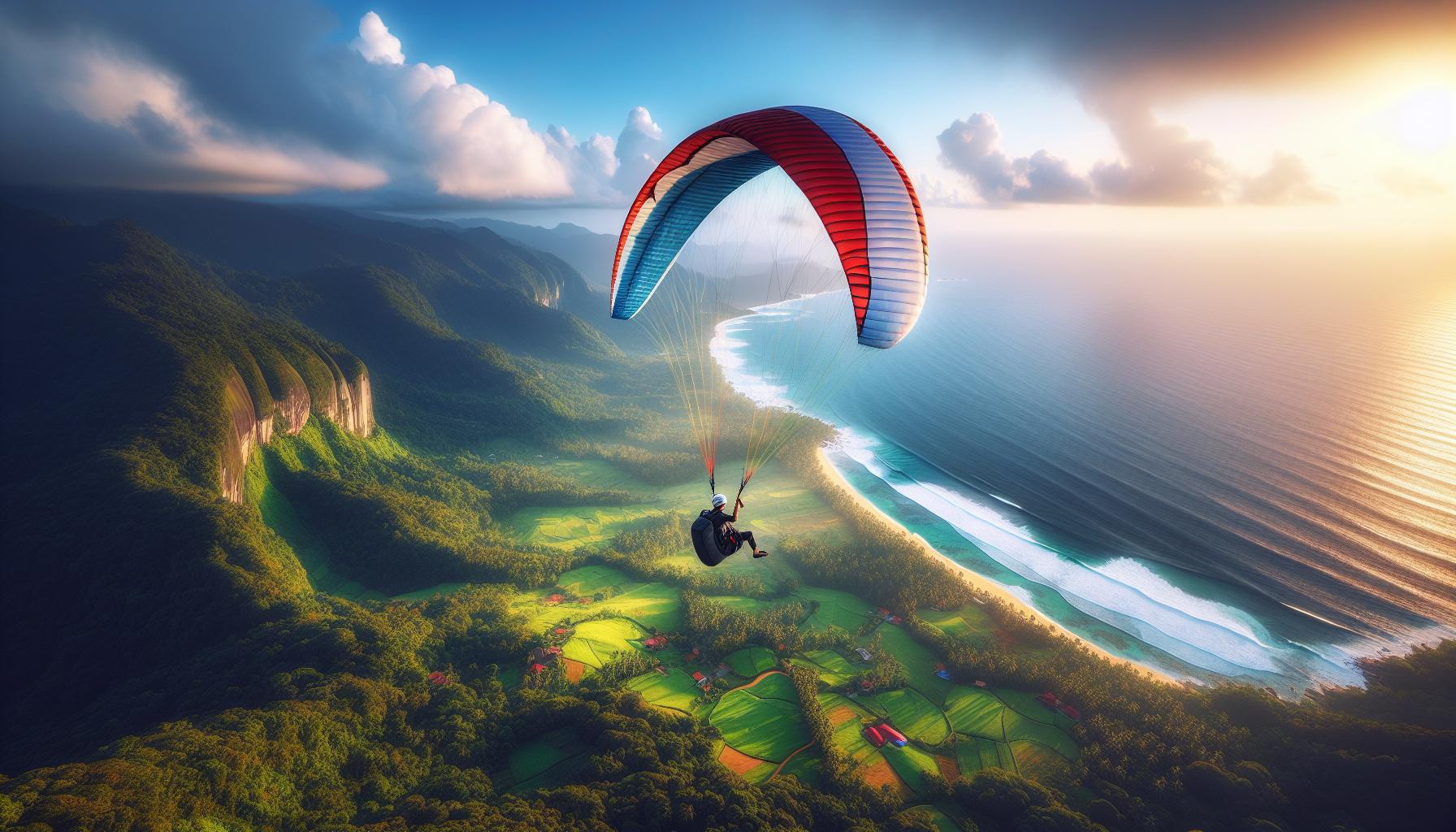 Paragliding over lush green landscapes and coastline at sunset