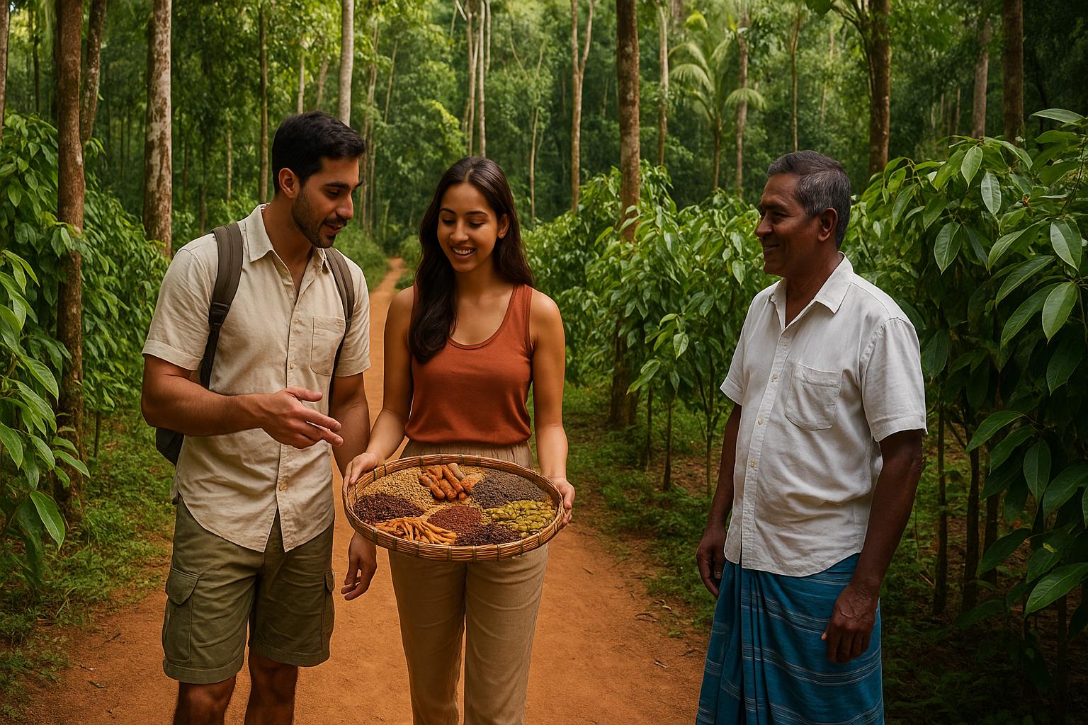 People exploring a spice plantation in lush greenery with a tray of spices