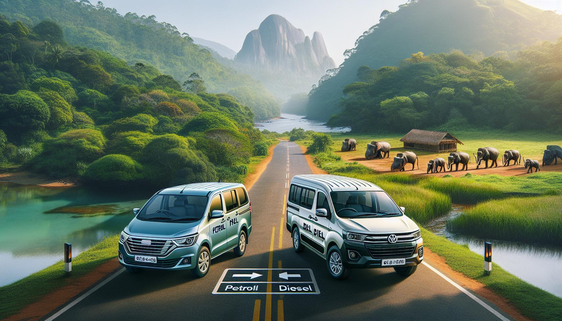 Petrol versus Diesel SUVs in Lush Landscape with Elephants