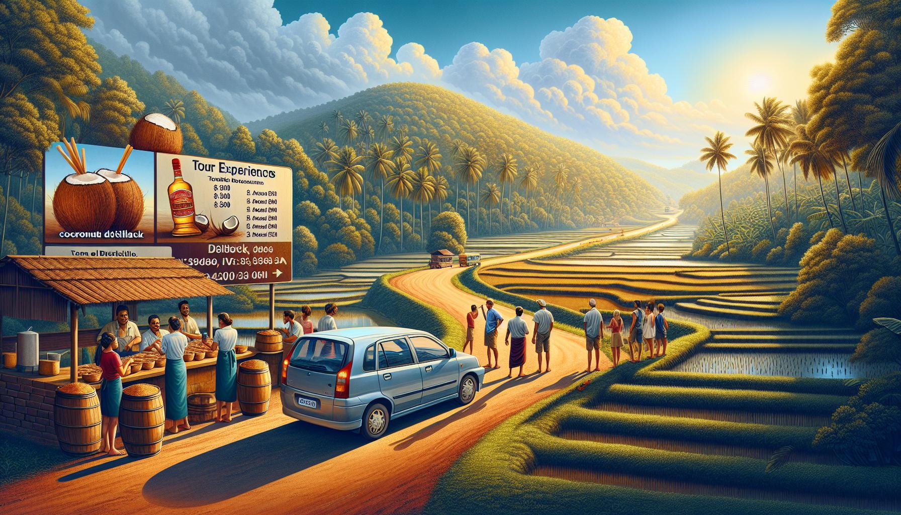 Rural market scene with coconut stall and tourists enjoying scenic landscape
