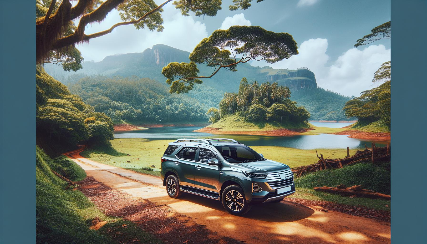 SUV on a scenic lakeside road with lush greenery and mountains in the background