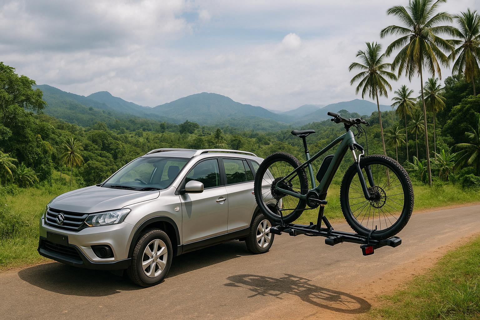 SUV with bike rack in scenic mountain landscape