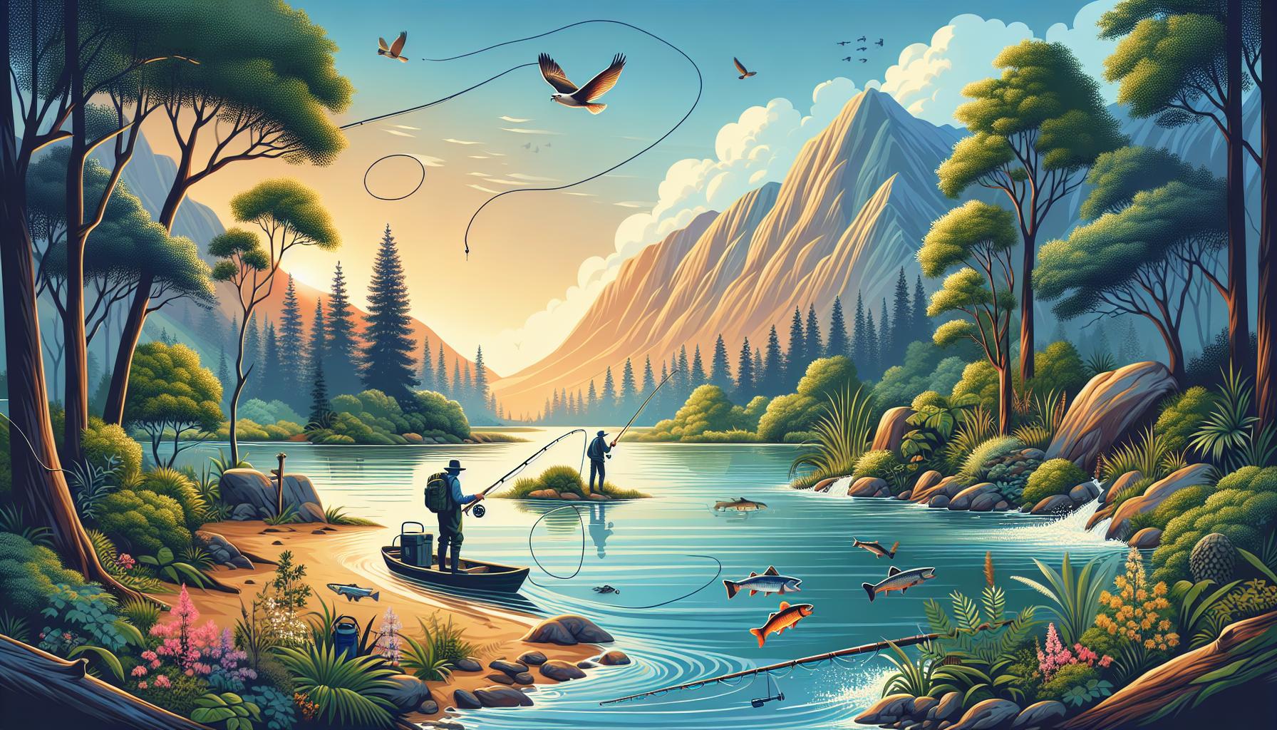 Scenic Fishing Landscape with Mountains and Wildlife