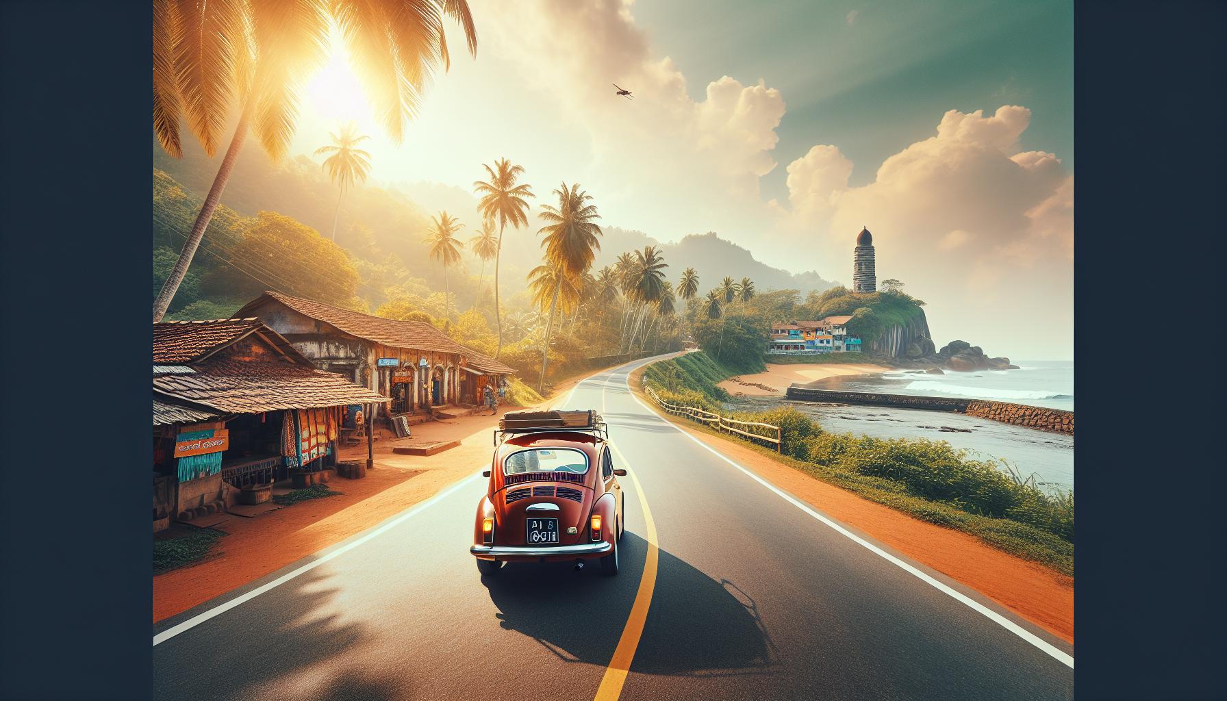 Scenic coastal drive with vintage car and palm trees