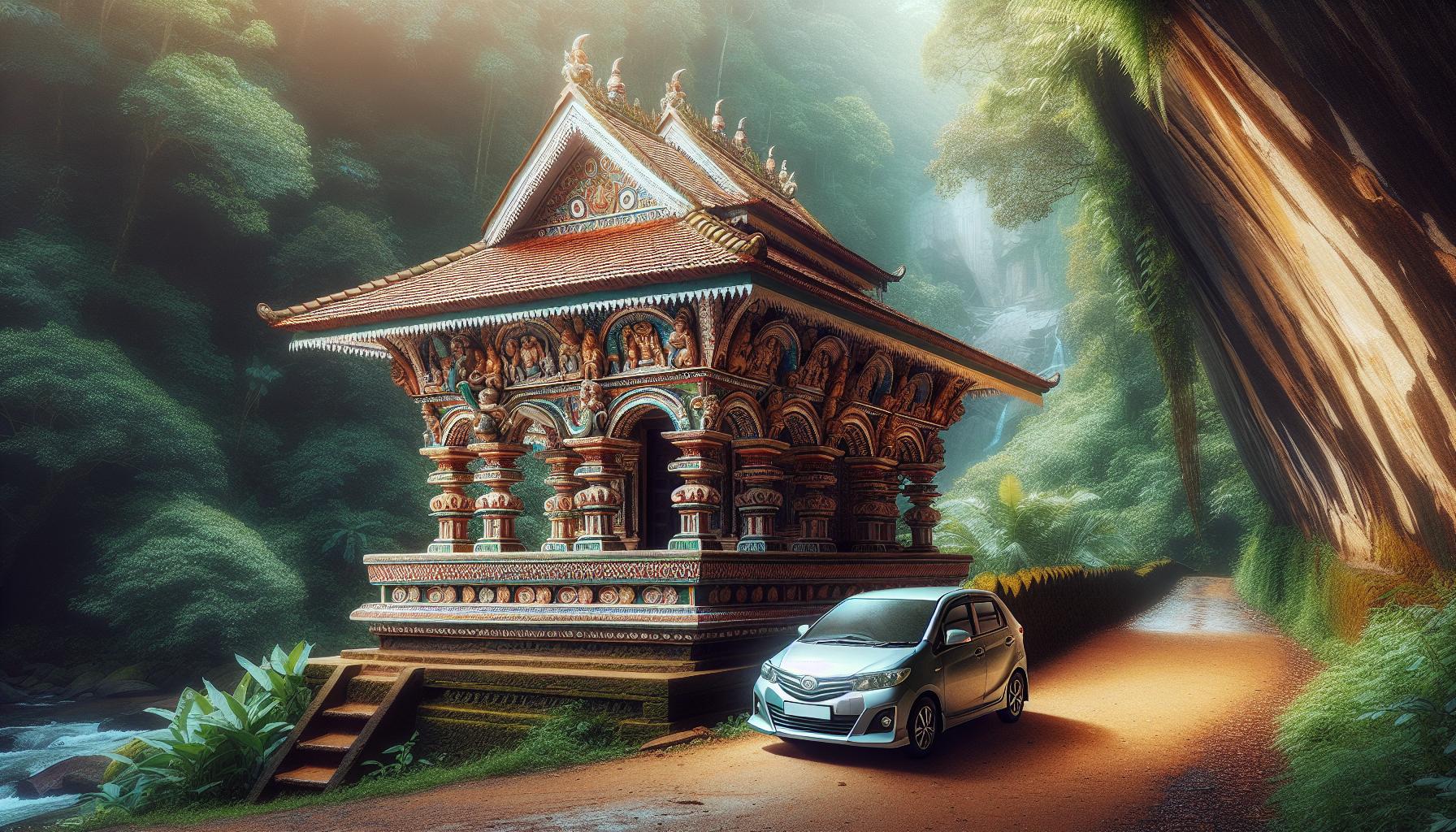 Scenic landscape featuring a traditional ornate temple and a parked car in a lush green forest setting