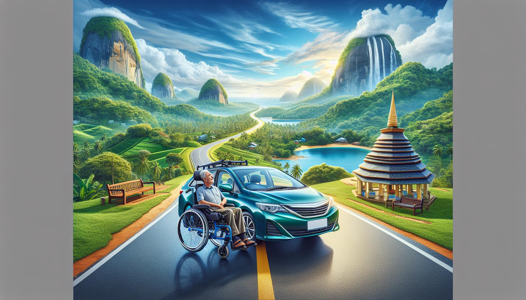 Scenic landscape with a wheelchair user beside a car on a winding road