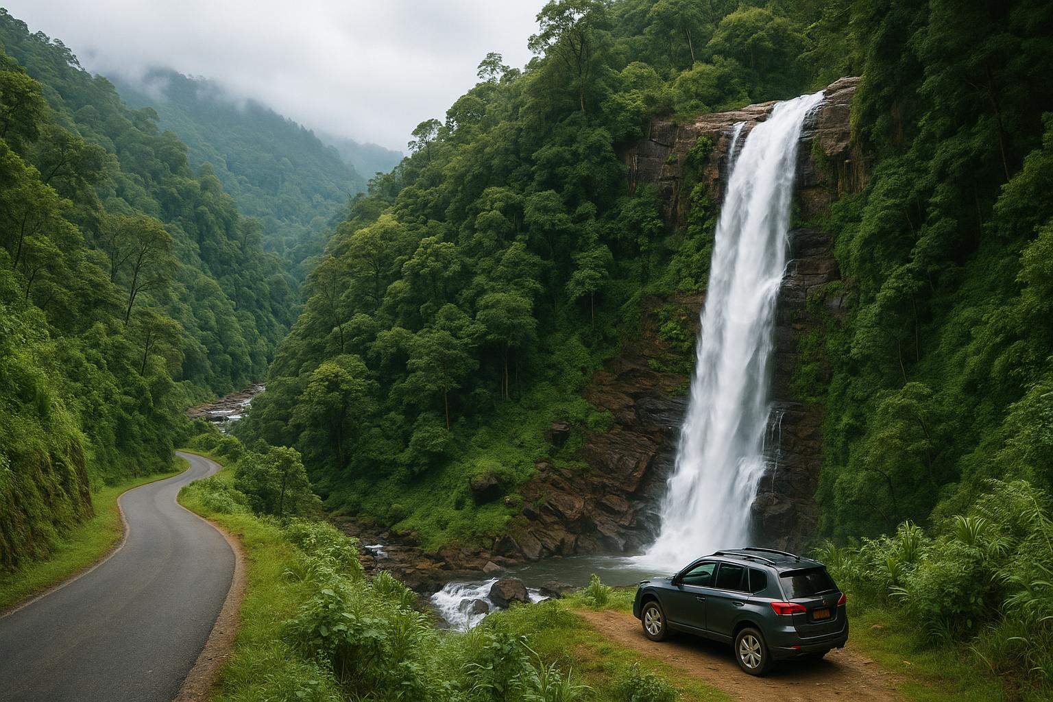 Scenic waterfall surrounded by lush greenery with a winding road and parked car