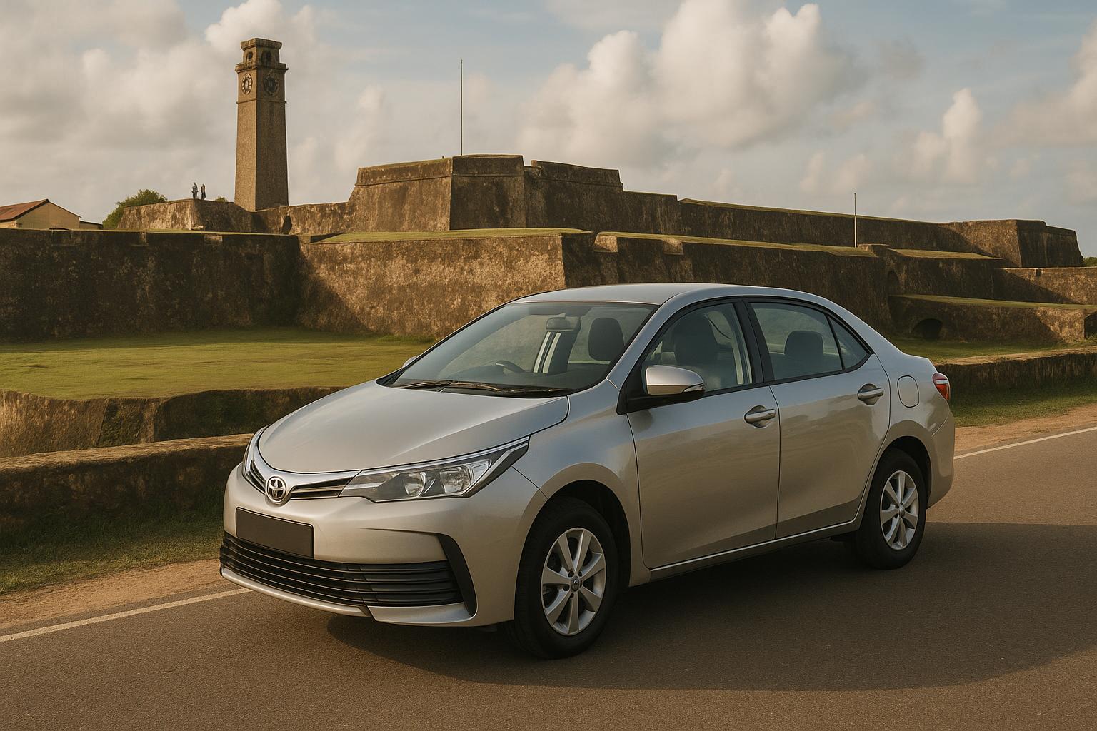 Silver Toyota sedan in front of historic fortification and clock tower