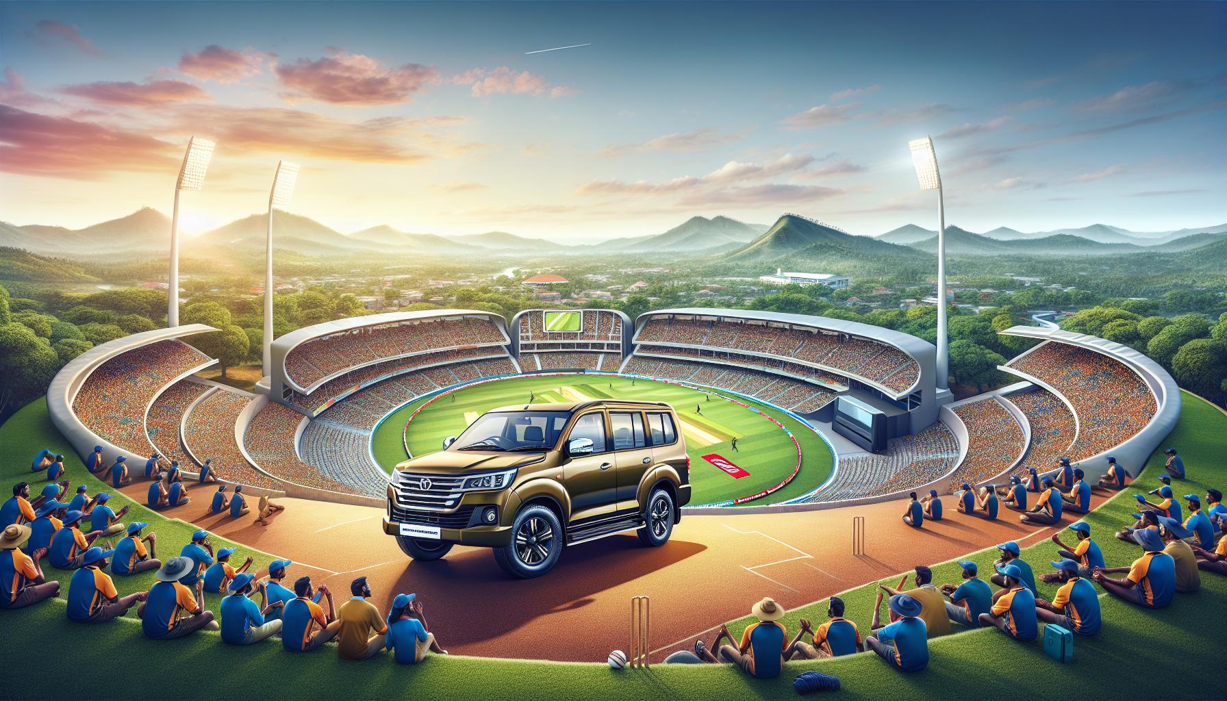 Stadium with SUV and spectators enjoying a cricket match at sunset