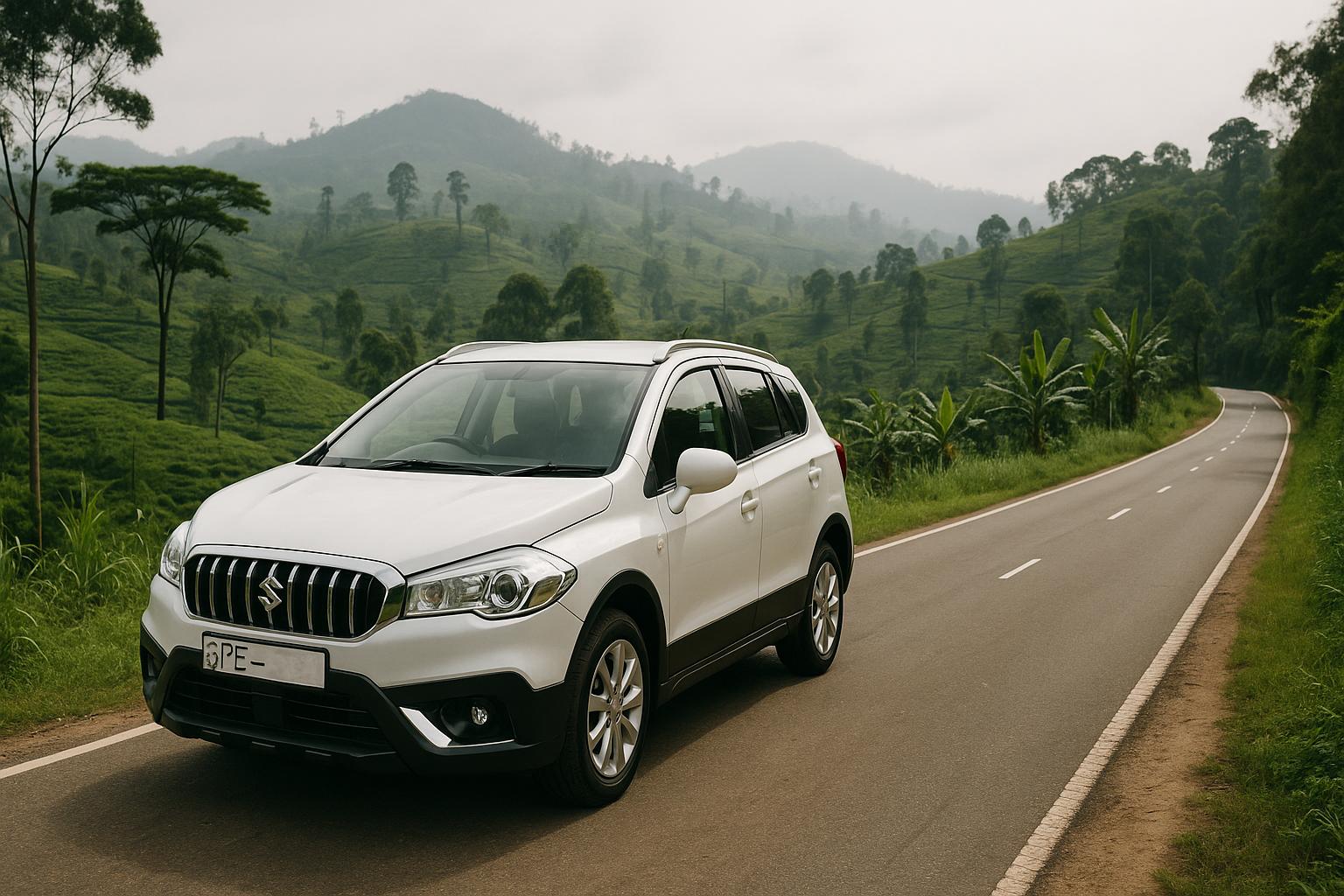 Suzuki SUV on a winding road surrounded by lush green hills