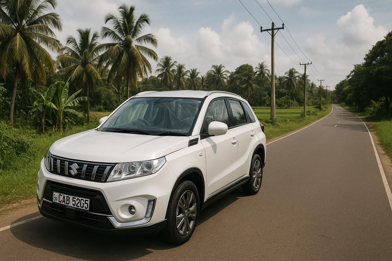 Suzuki Vitara on a country road surrounded by palm trees
