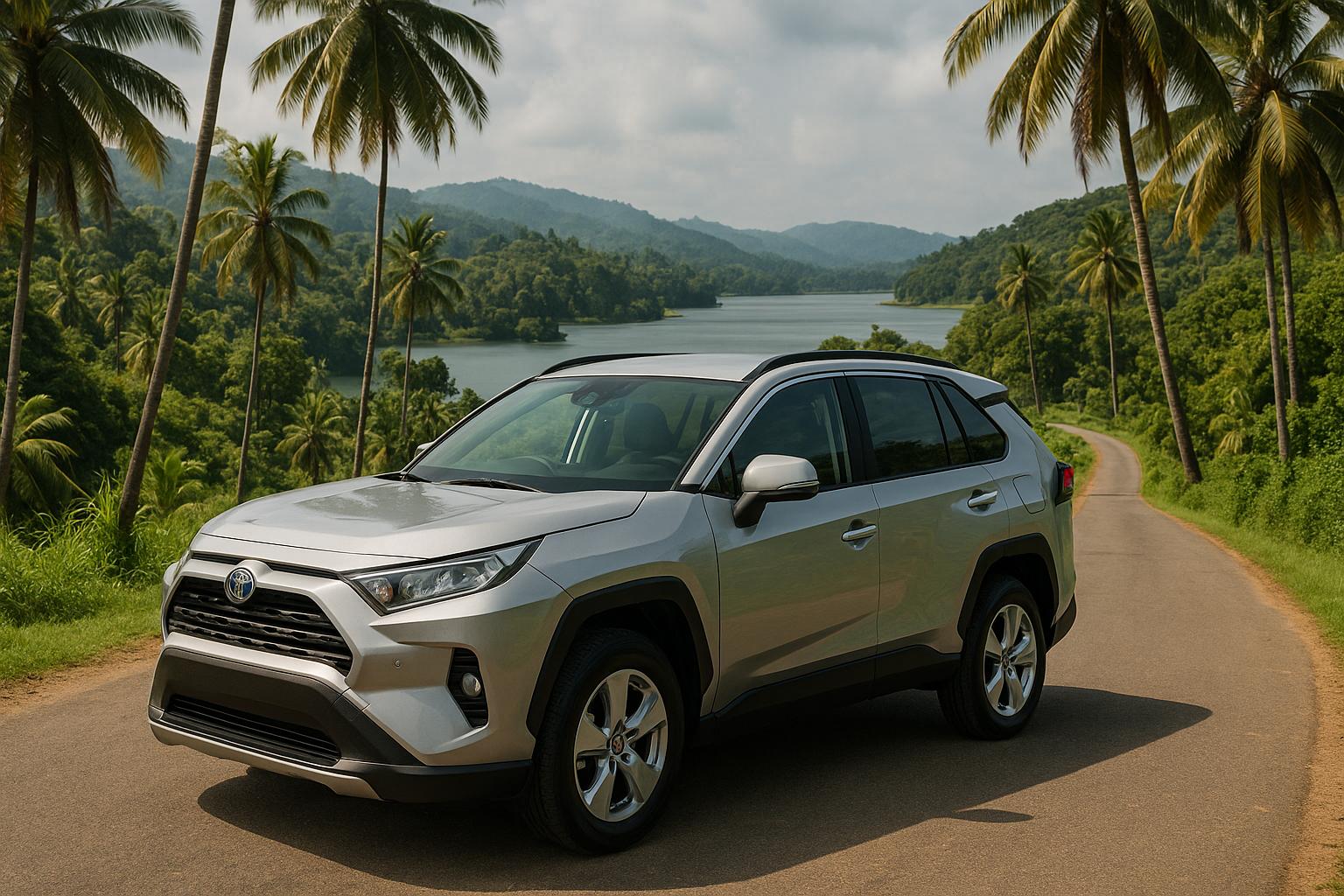 Toyota RAV4 in a Scenic Landscape with Palm Trees and Lake