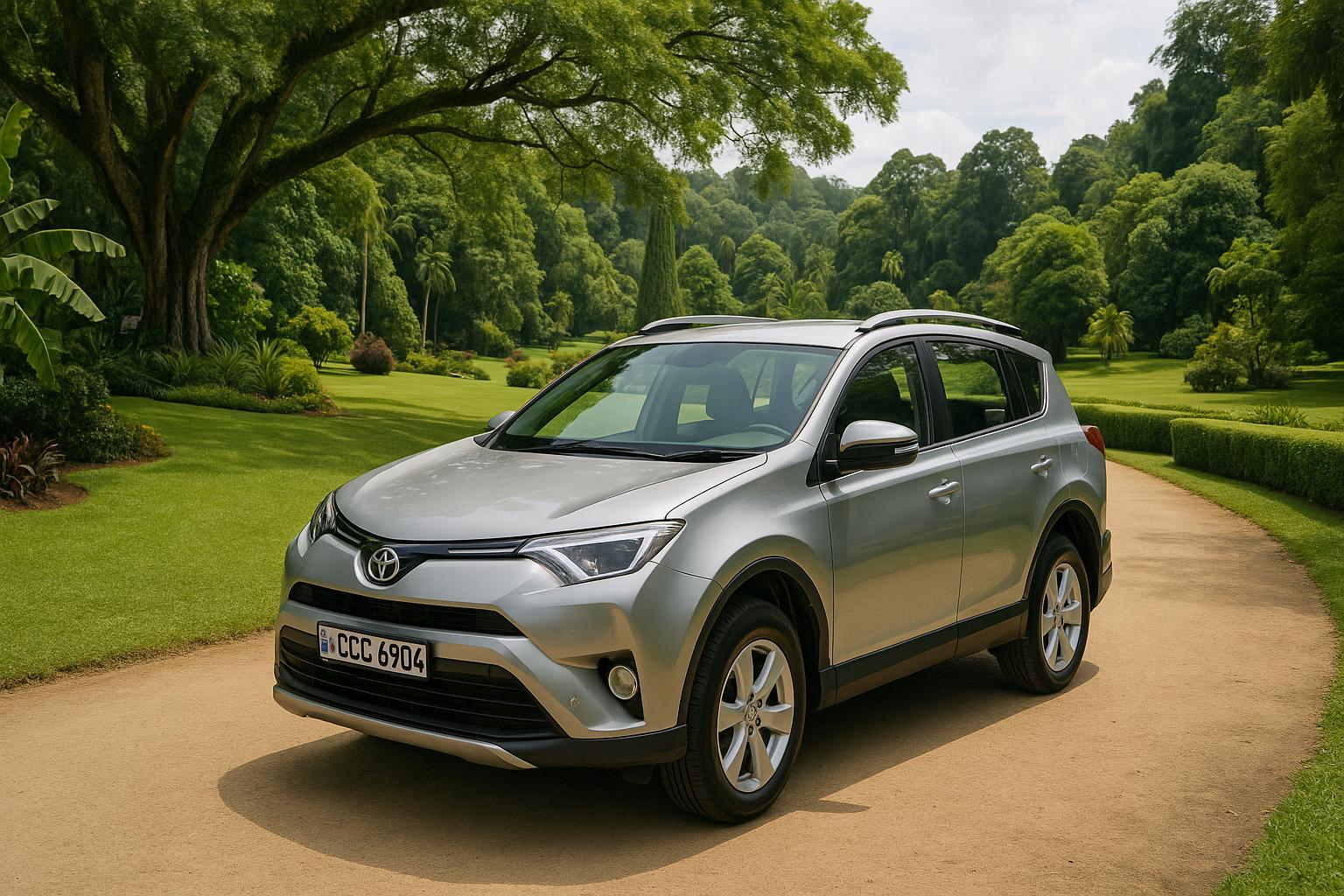 Toyota RAV4 parked in a lush garden setting