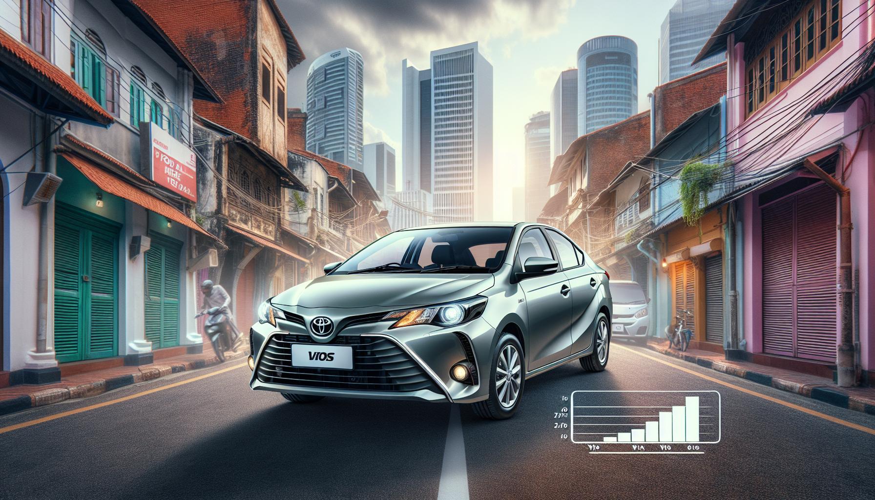 Toyota Vios in urban street setting with modern skyline in background