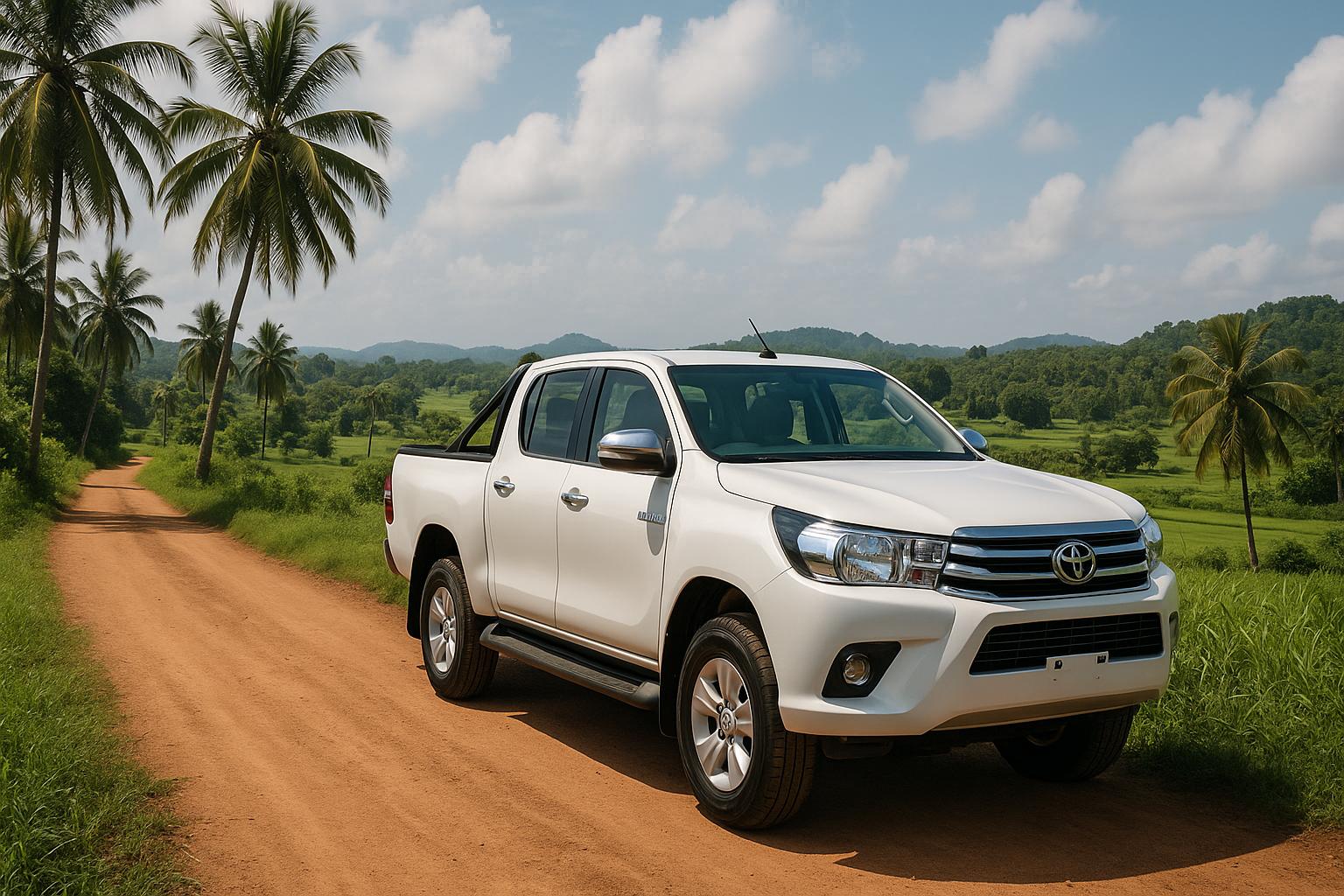Toyota truck on a dirt road surrounded by greenery and palm trees
