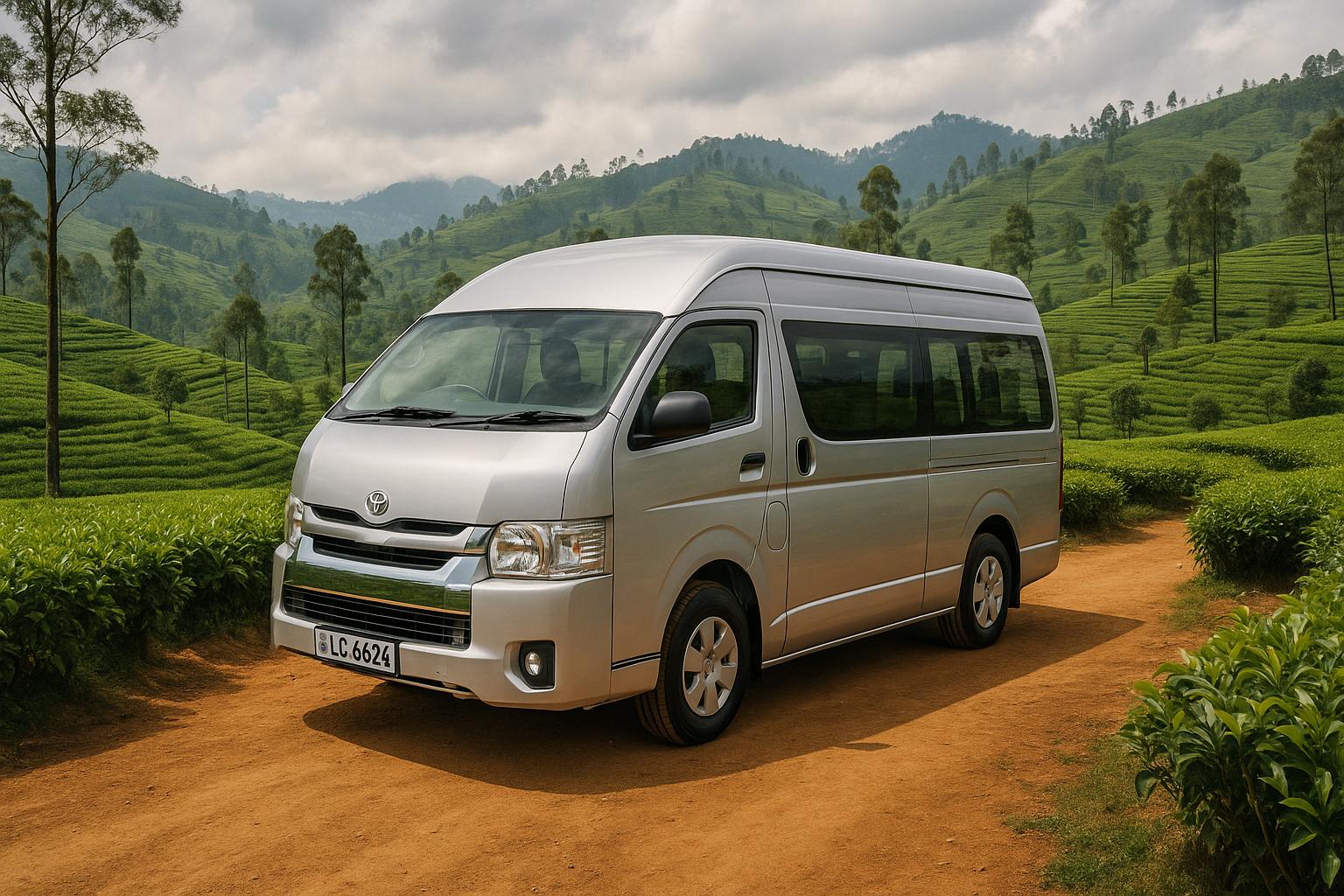 Toyota van on a dirt road in a lush green tea plantation backdrop