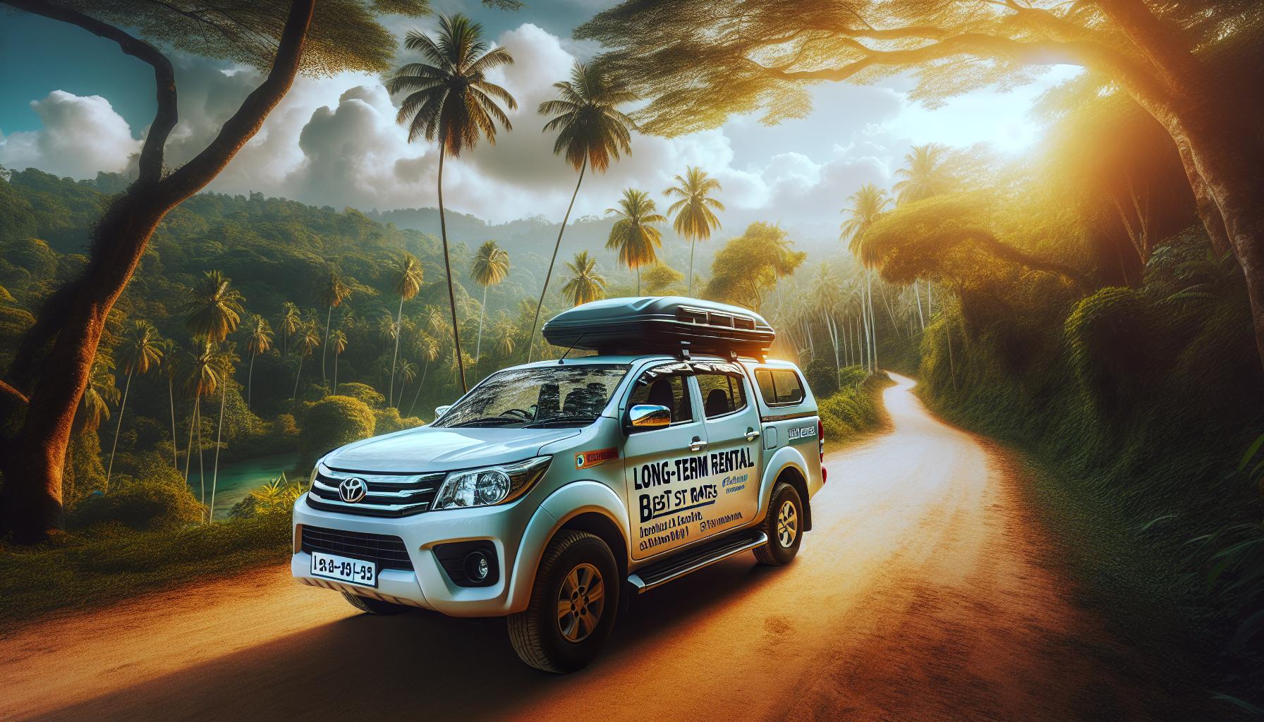 Toyota vehicle with long-term rental advertisement on a scenic tropical road surrounded by palm trees and lush greenery.