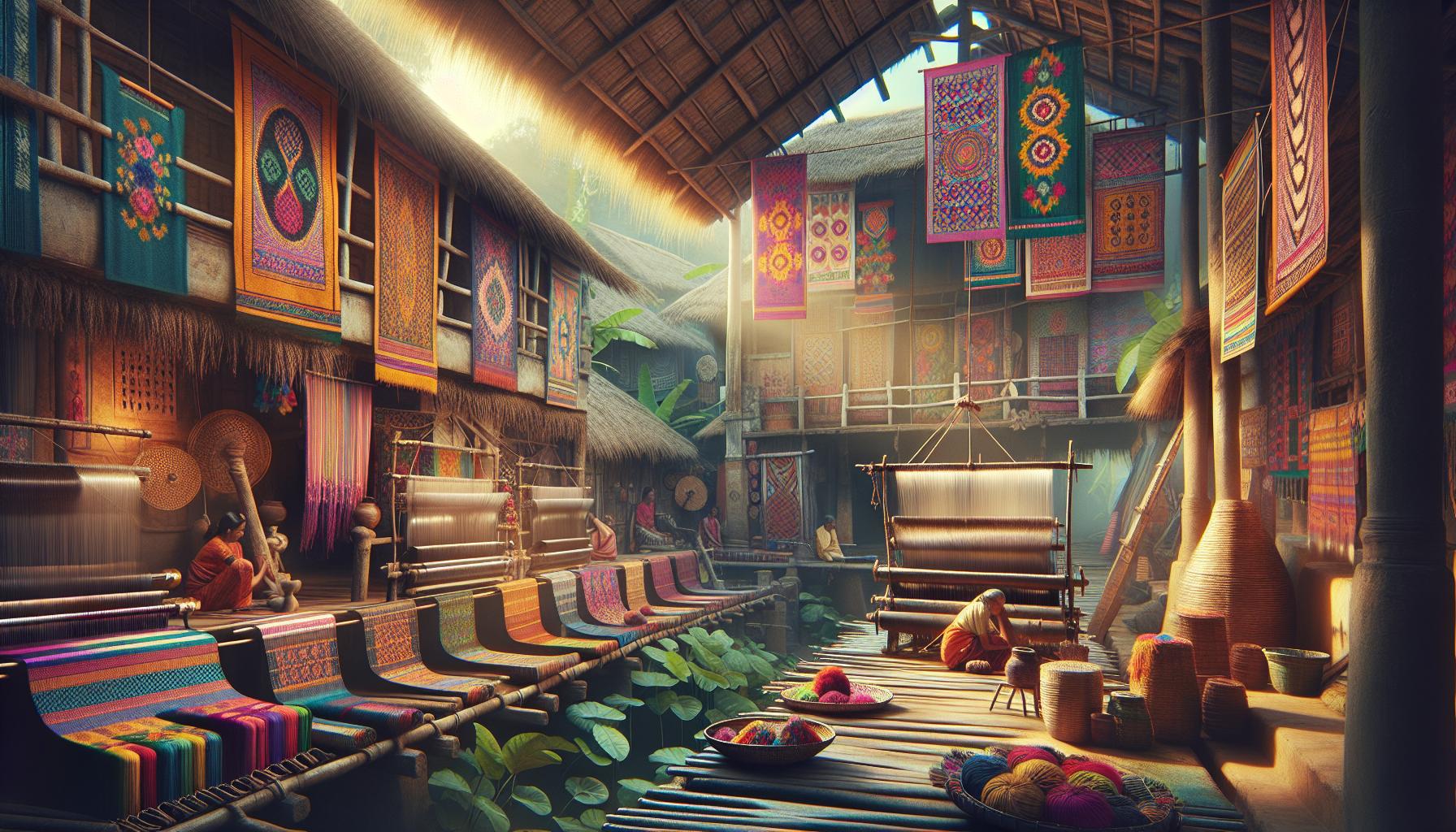 Traditional Weaving Workshop with Colorful Textiles and Crafts