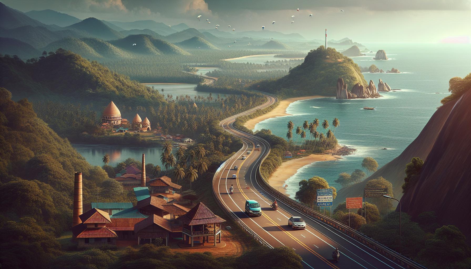 Tropical Coastal Landscape with Winding Road and Lush Mountains