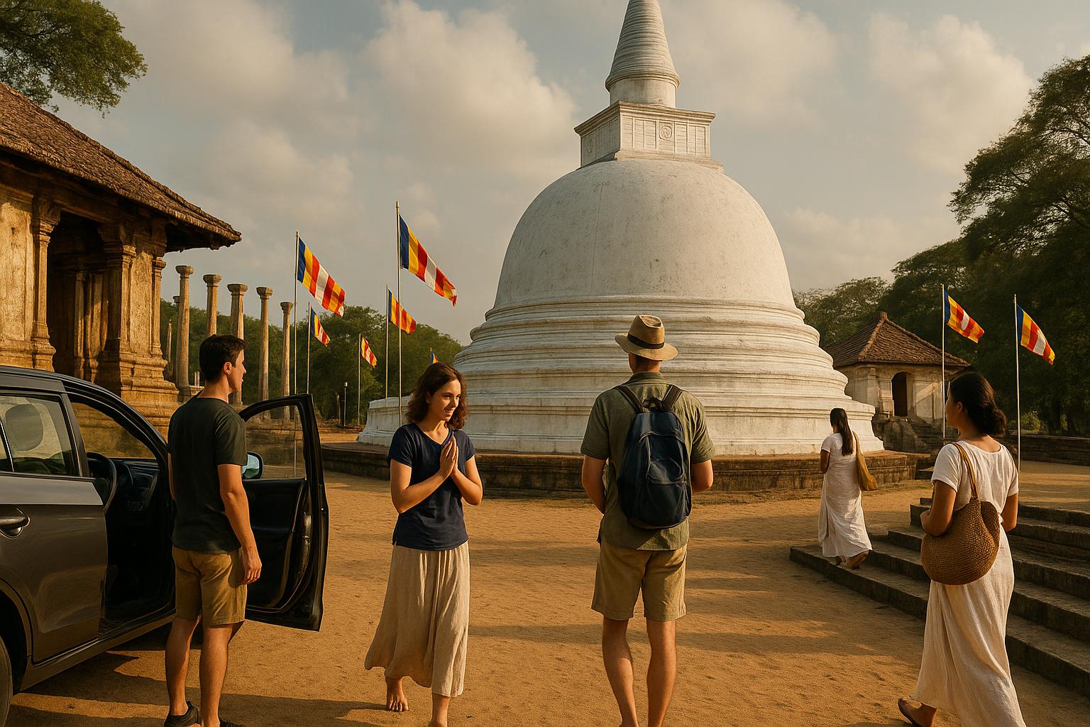 Visitors at a historic stupa with colorful flags in a tranquil setting