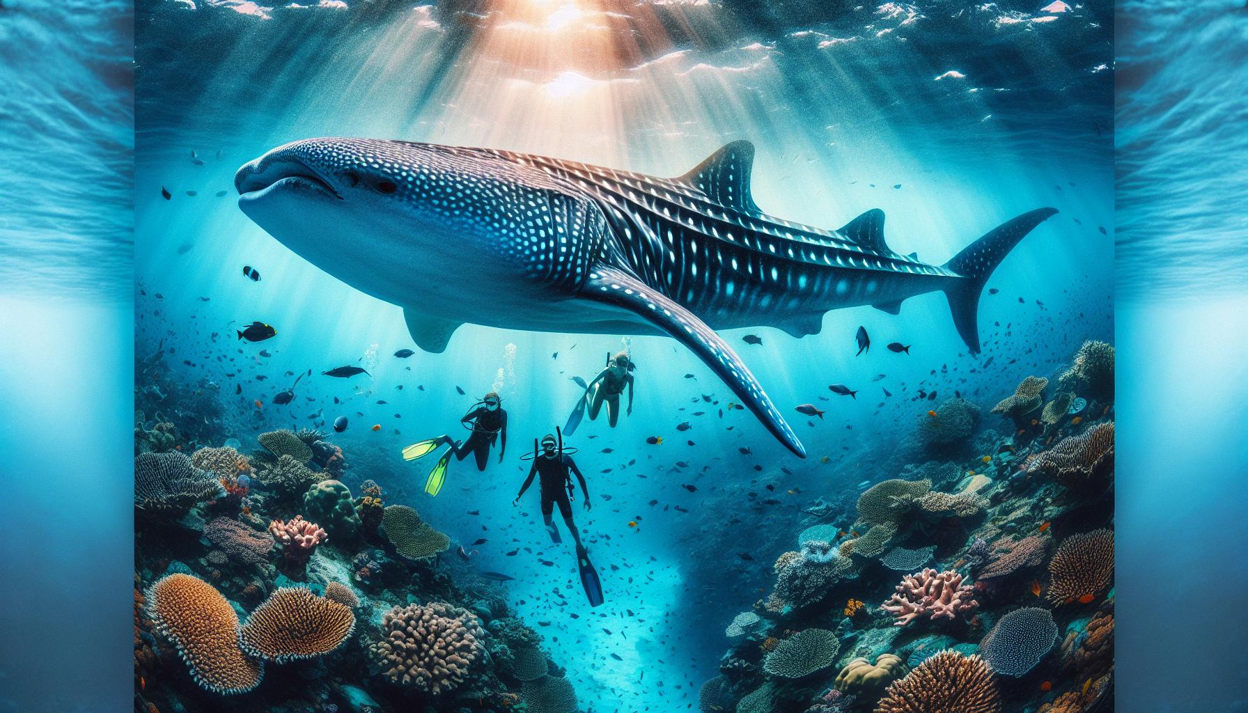 Whale Shark and Divers Underwater in Coral Reef