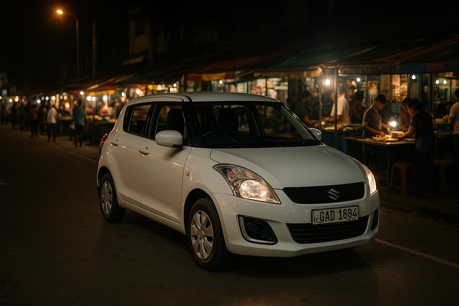 White Suzuki Car in Night Market Setting