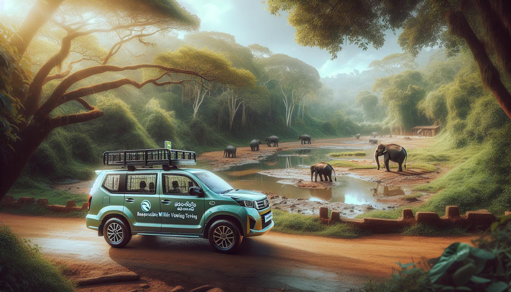 Wildlife Safari Vehicle Near a Watering Hole with Elephants in a Lush Forest Setting
