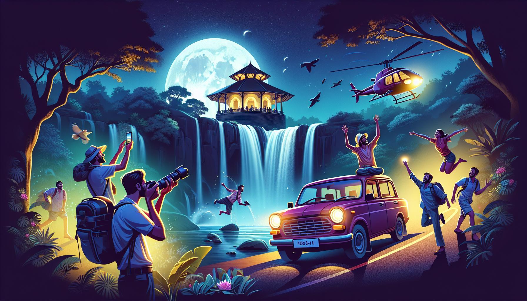 adventure-at-waterfall-with-people-and-helicopter-illustration