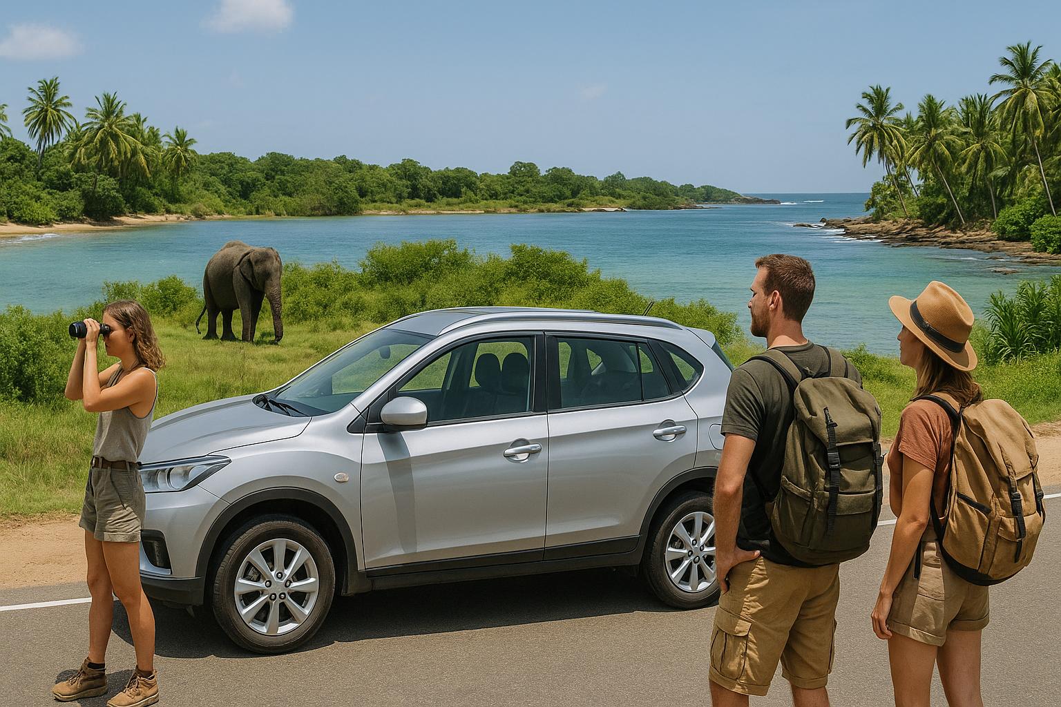 adventure-tourists-watching-elephant-near-beach-with-suv