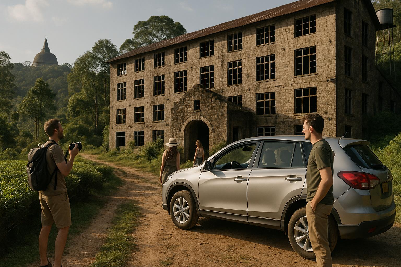 adventurous-group-exploring-abandoned-building-with-car-in-nature