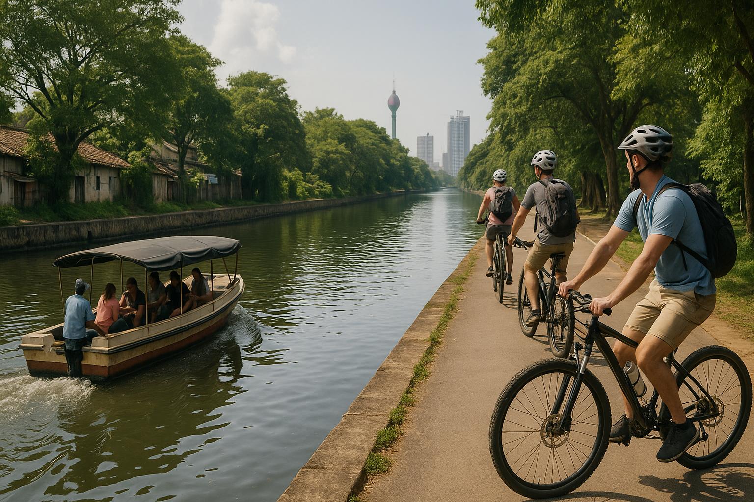 biking-along-a-canal-with-a-boat-in-the-background