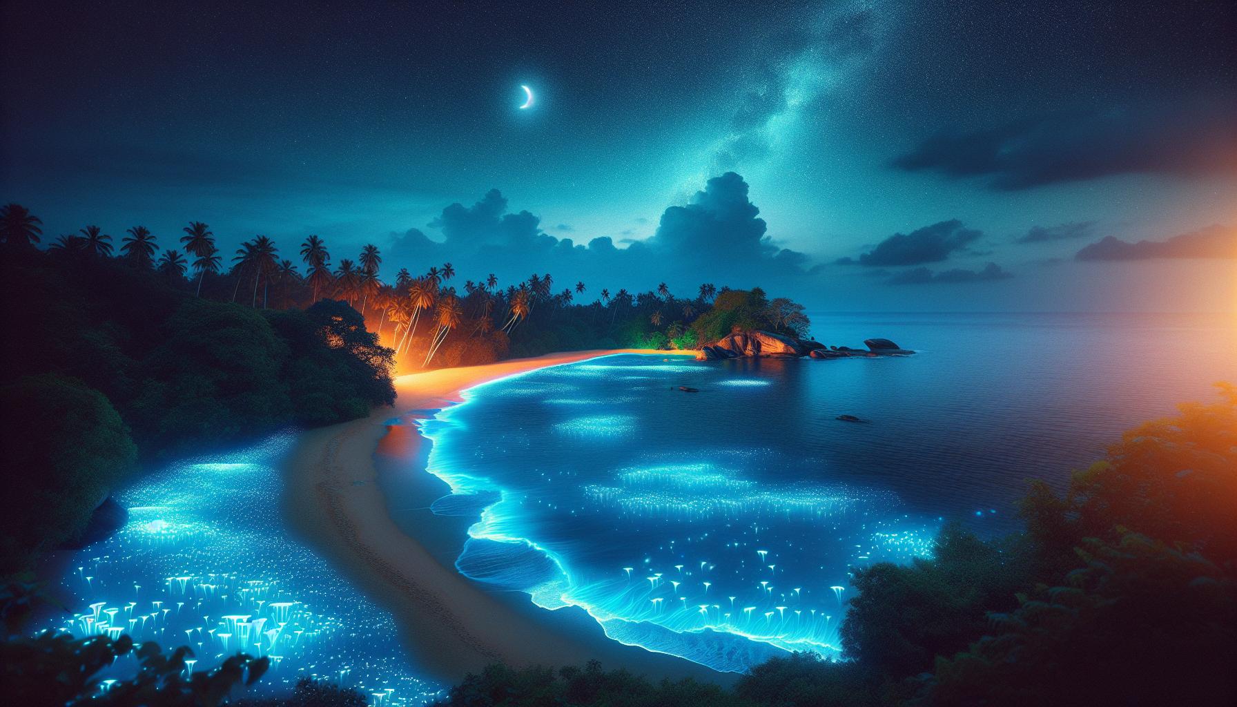 bioluminescent beach under a starry night sky