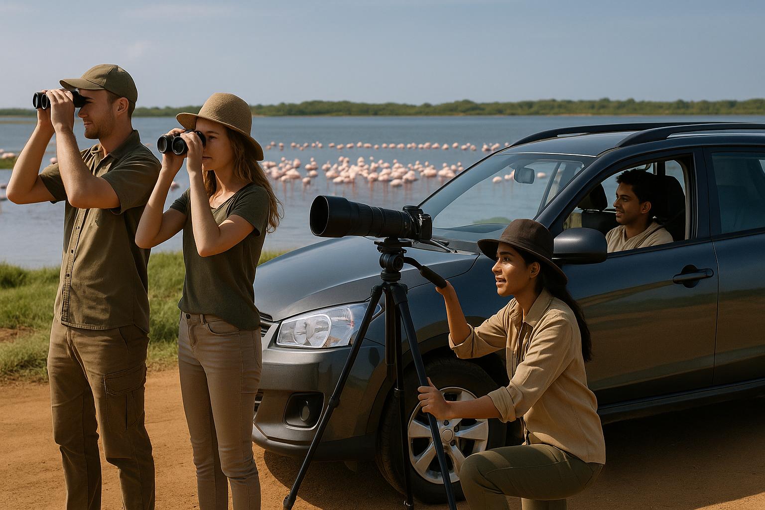 birdwatchers observing flamingos by the water
