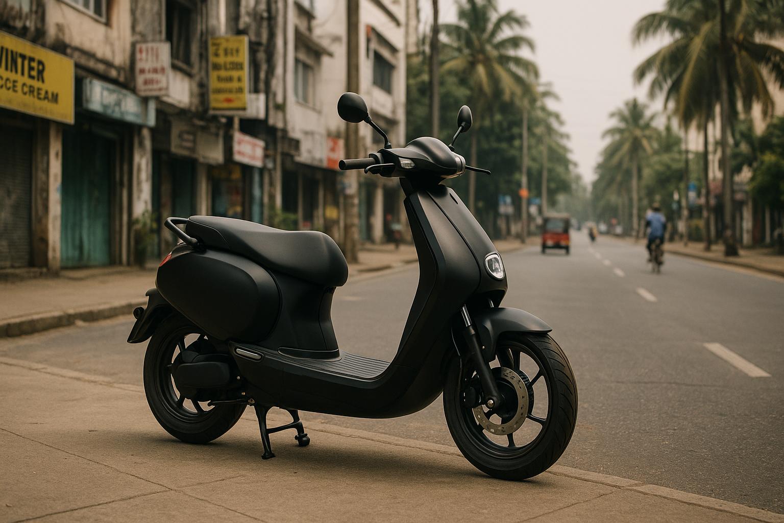 black electric scooter parked on empty city street with palm trees