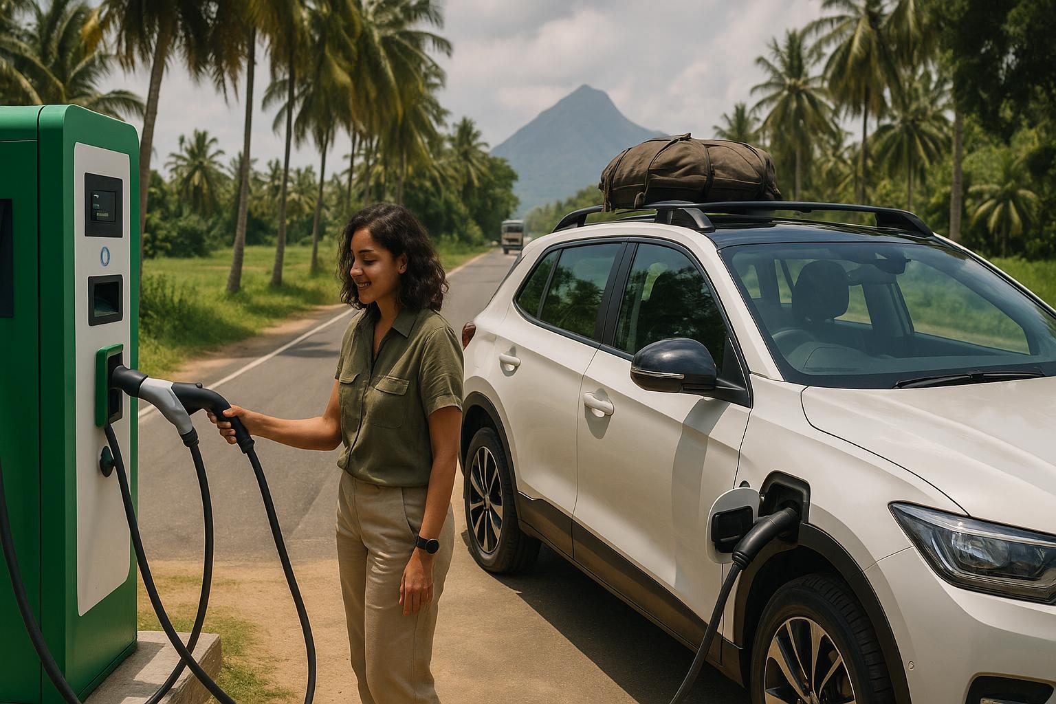 female driver charging electric vehicle in tropical landscape