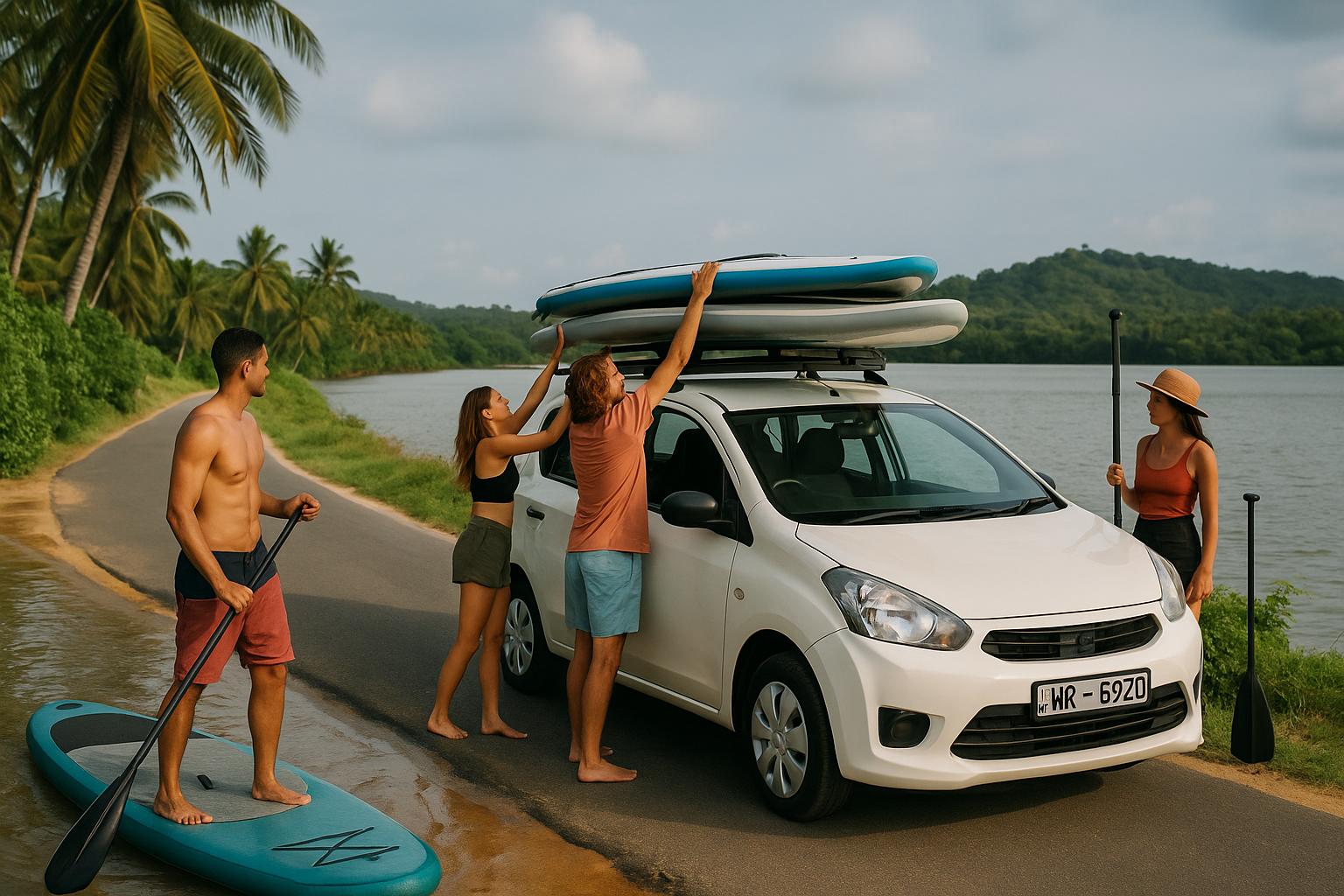 friends preparing paddleboards on car by a lake