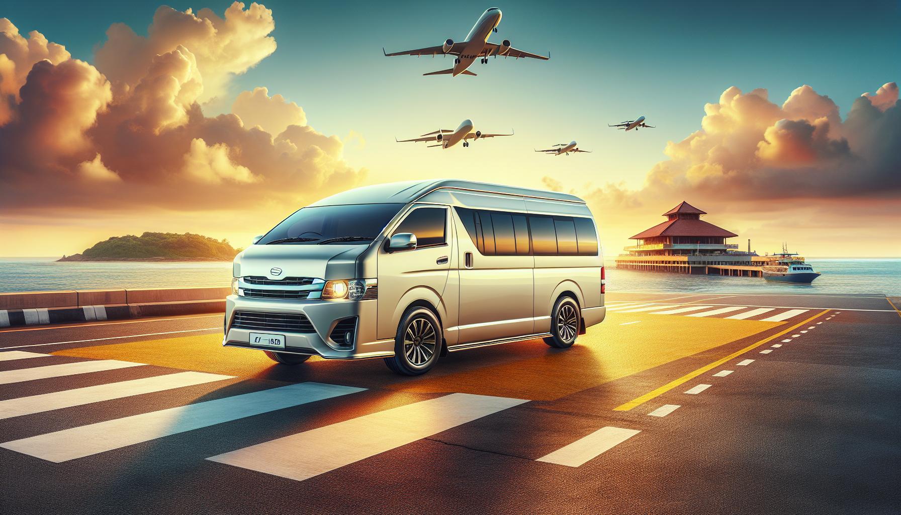 futuristic-silver-van-on-airport-runway-sunset-with-airplanes-and-sea-background