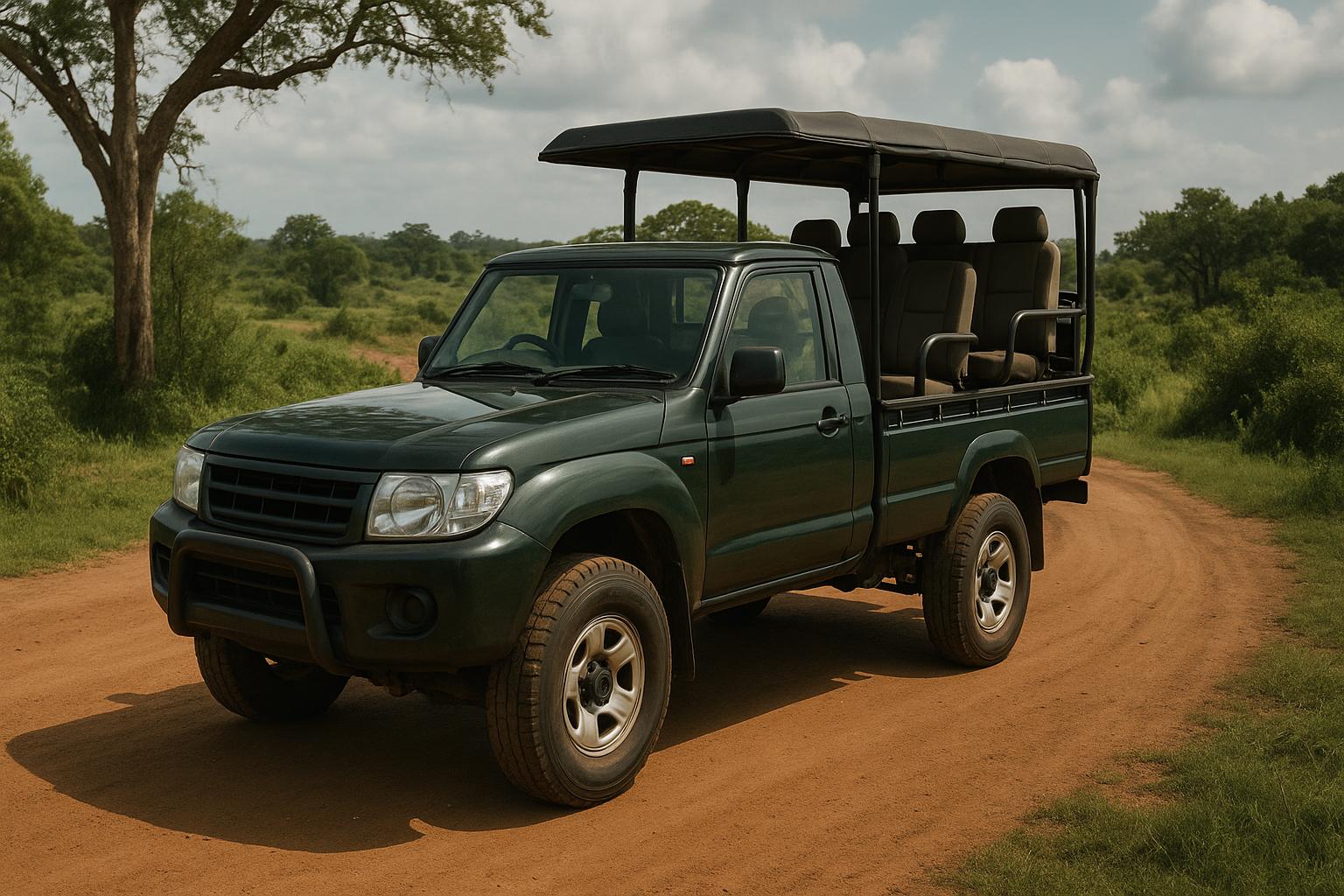 green safari vehicle on dirt road in natural landscape