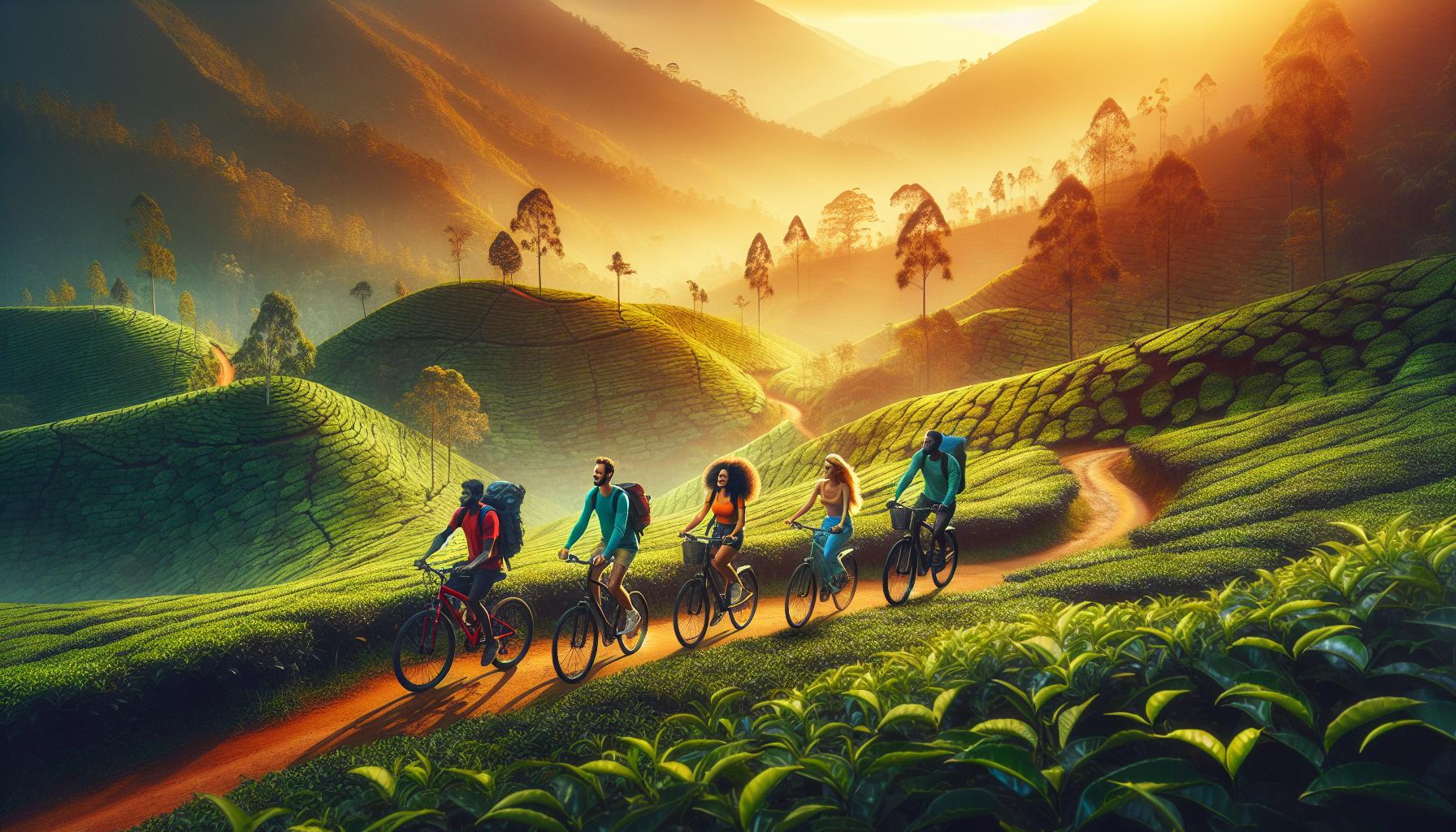 group of cyclists riding through a lush green tea plantation at sunrise