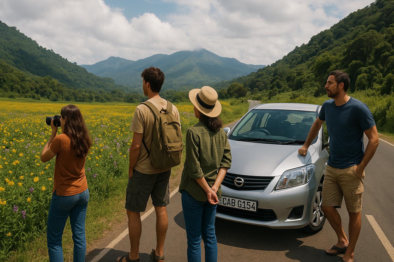 group of friends enjoying nature in mountains with a camera and a car