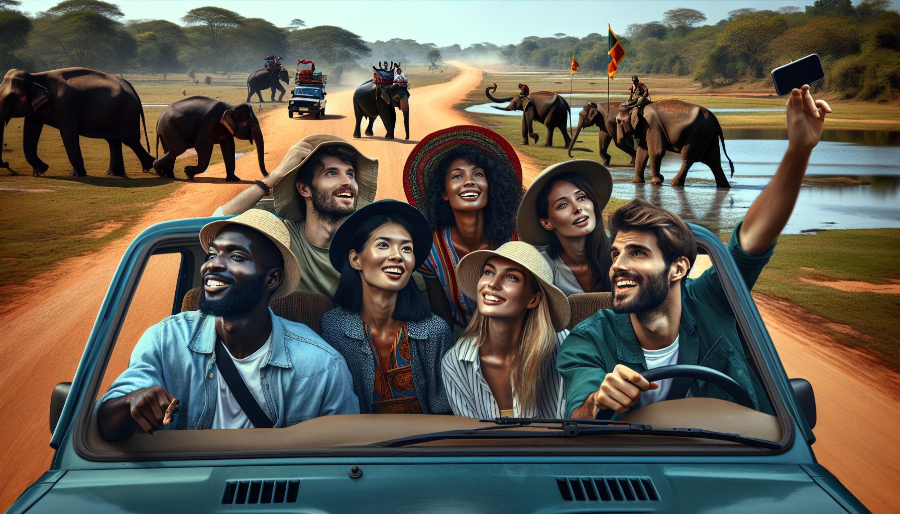 group-of-friends-on-safari-taking-selfies-with-elephants-in-background