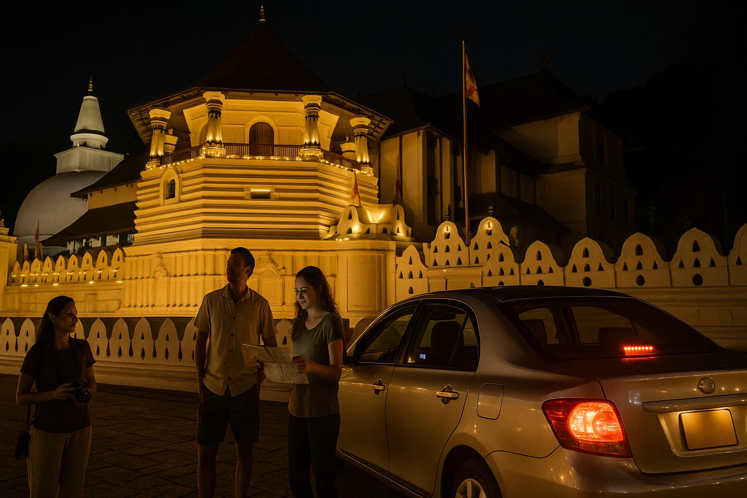 group of three people exploring illuminated temple at night