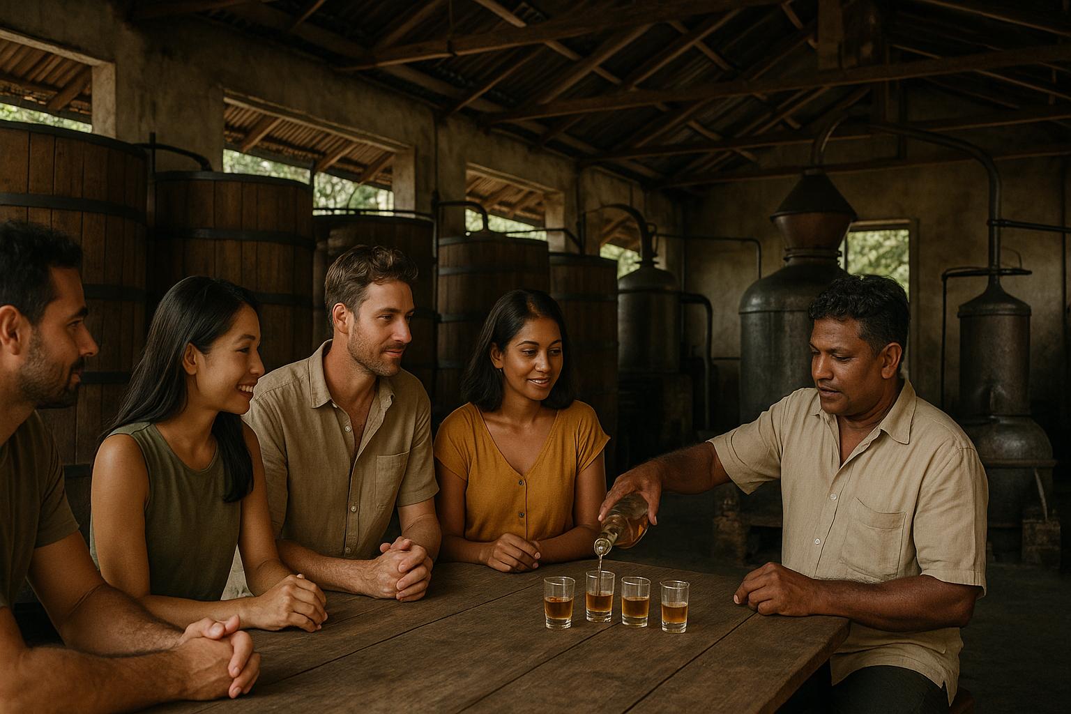 group tasting local spirits in distillery setting