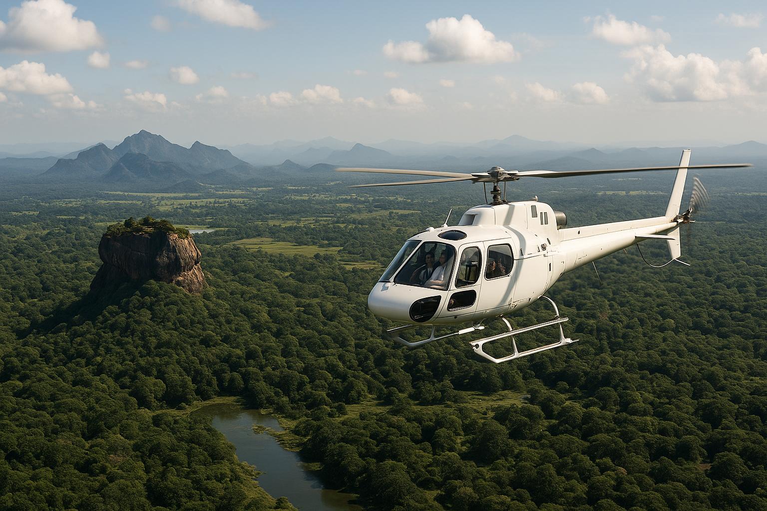helicopter flying over lush green landscape with mountains and rock formations