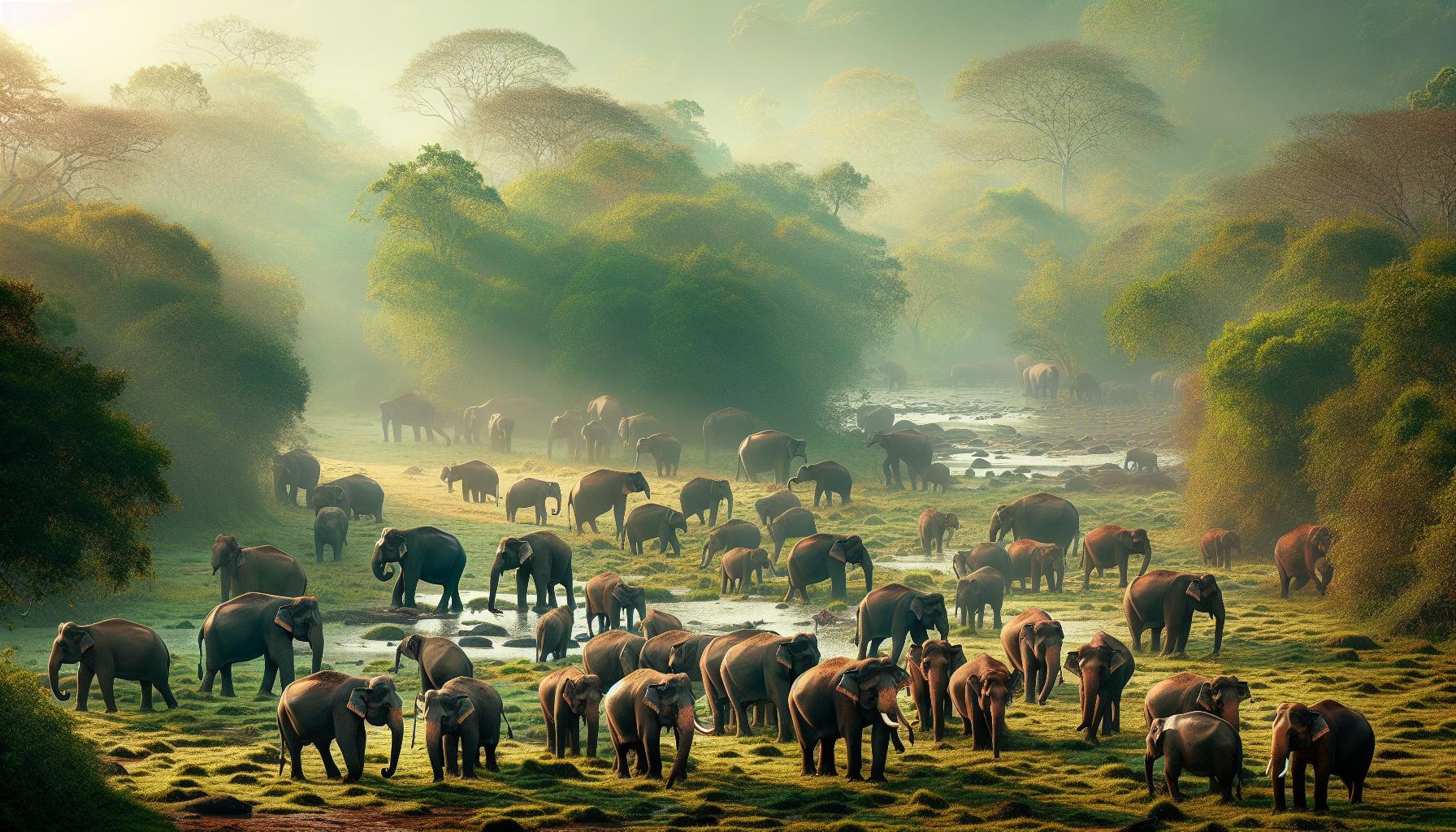 herd of elephants in misty forest environment