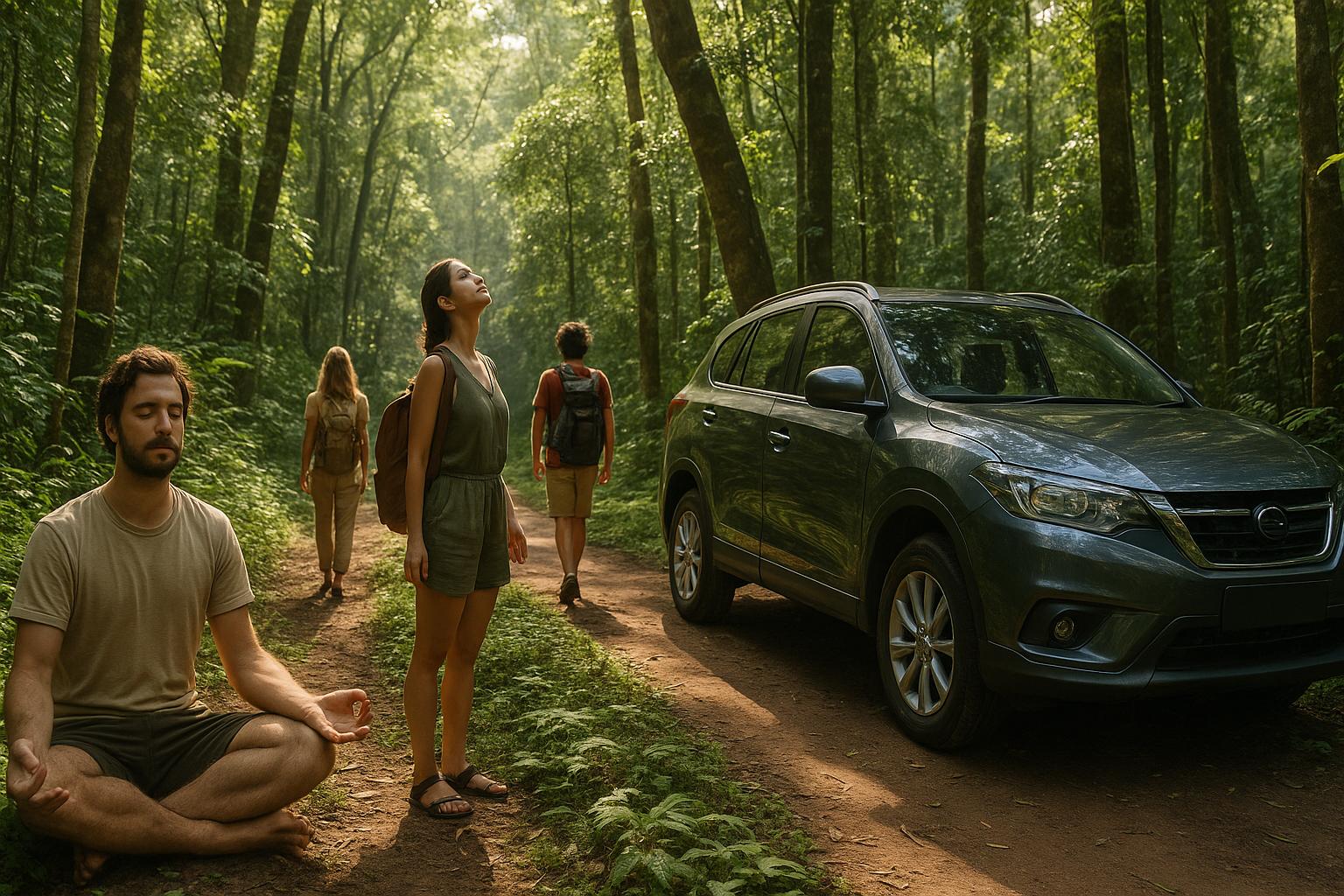 hikers-enjoying-nature-near-blue-suv-in-forest