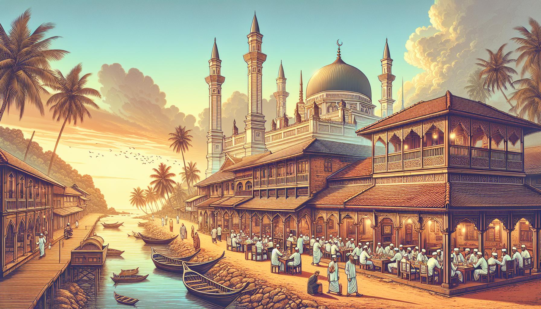 historic riverside marketplace with mosque at sunset
